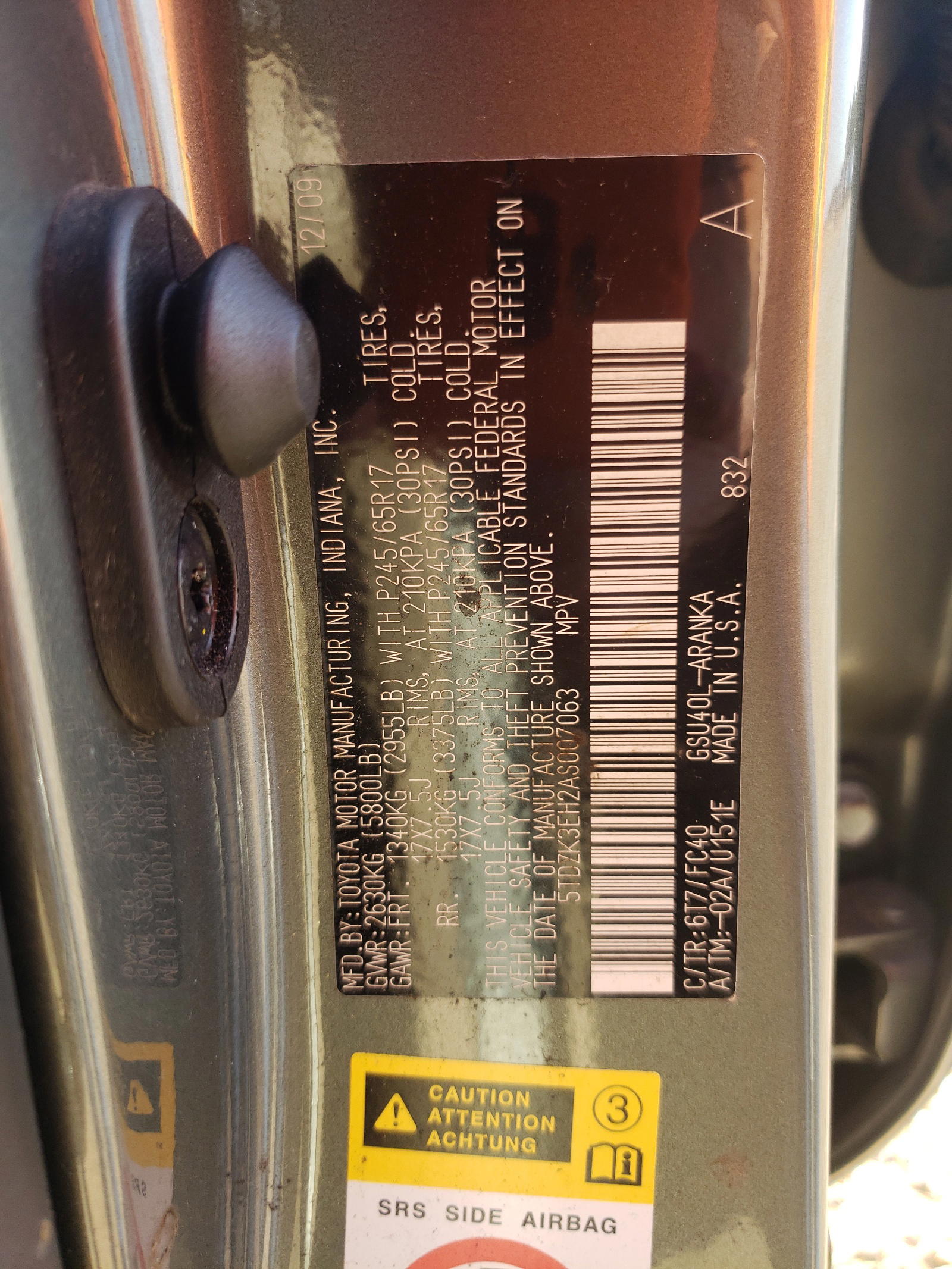 Photo 10 from auction – 2010 TOYOTA HIGHLANDER with VIN 5TDZK3EH2AS007063