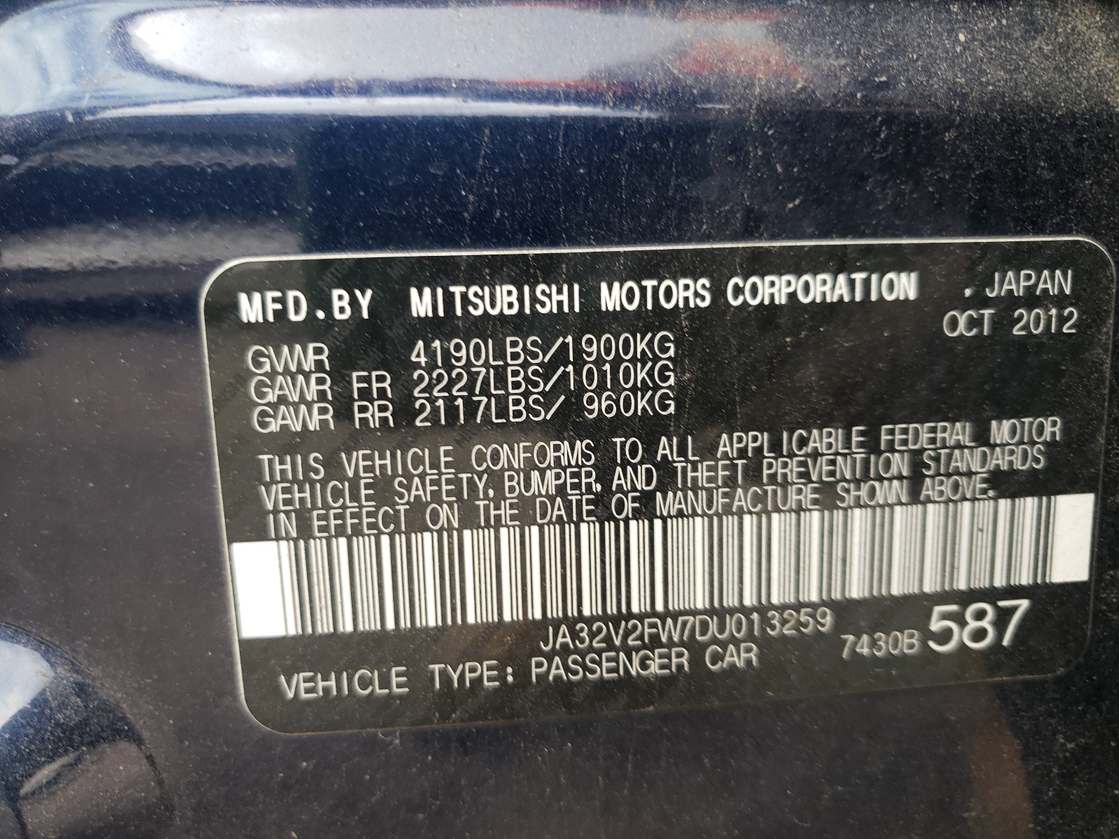 Photo 10 from auction – 2013 MITSUBISHI LANCER SE with VIN JA32V2FW7DU013259