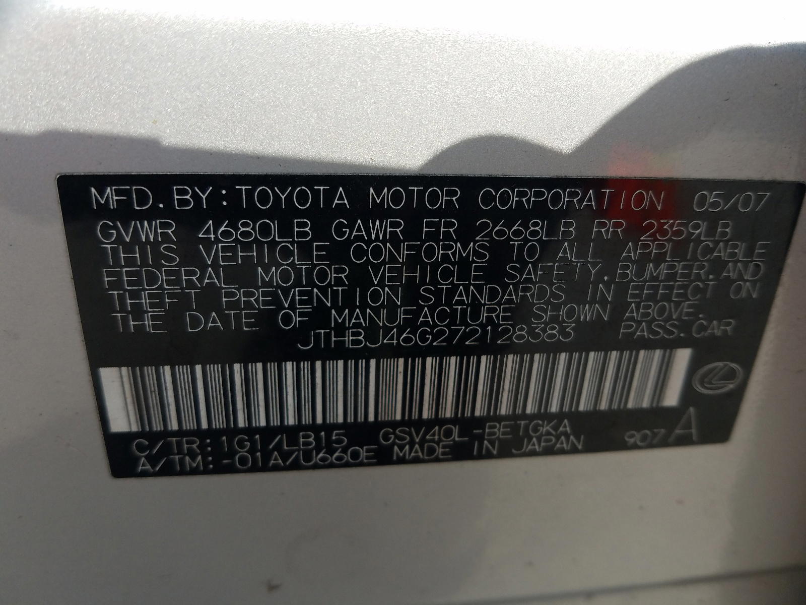 Photo 10 from auction – 2007 LEXUS ES 350 with VIN JTHBJ46G272128383