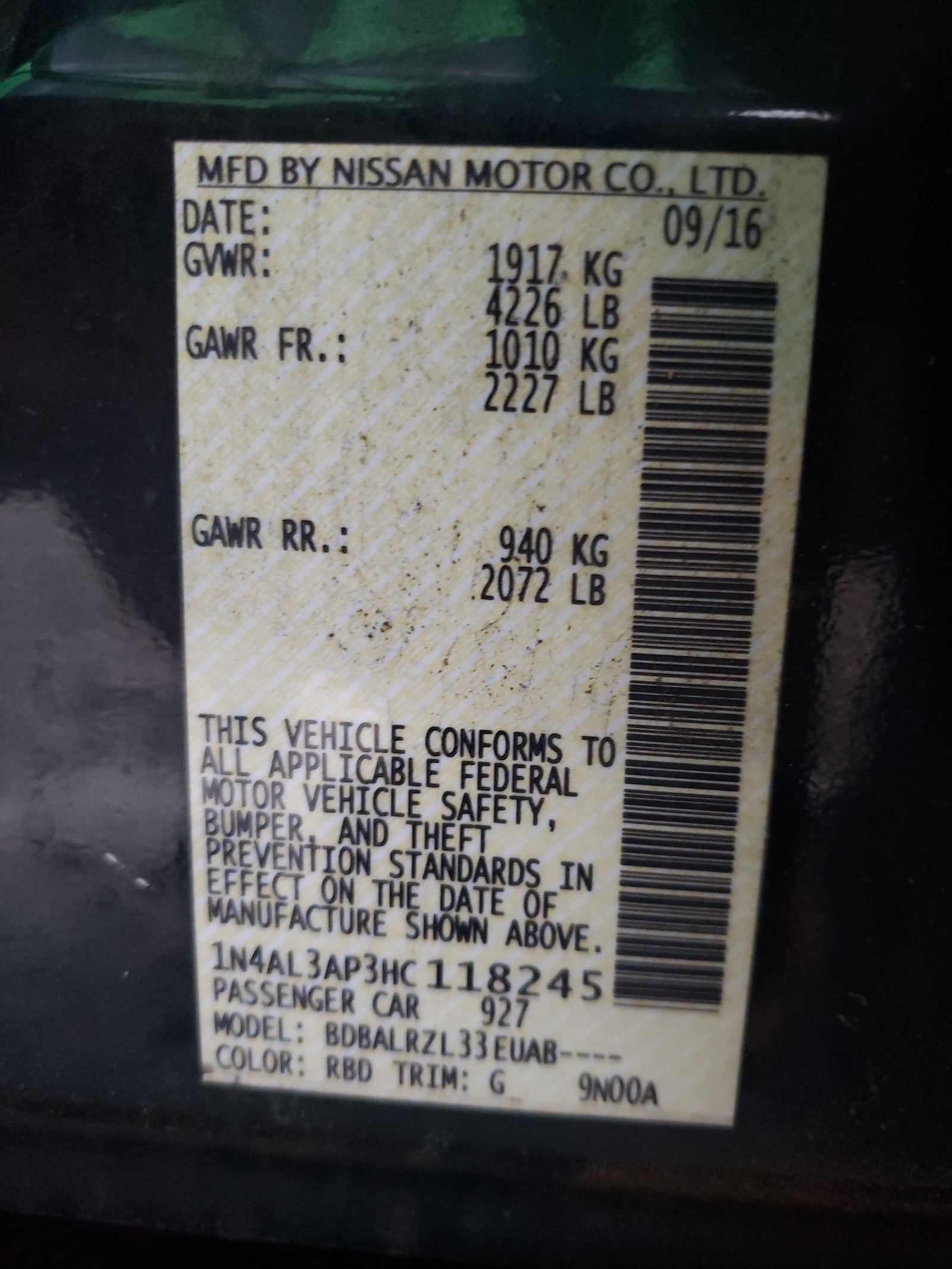 Photo 10 from auction – 2017 NISSAN ALTIMA 2.5 with VIN 1N4AL3AP3HC118245