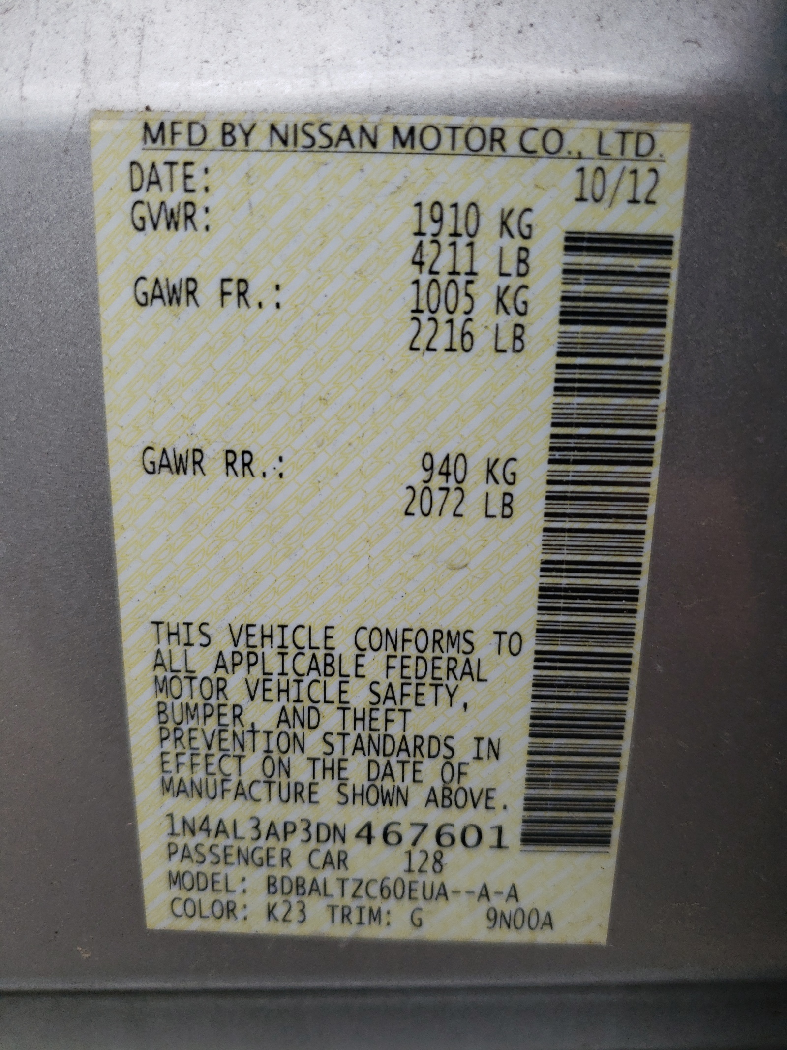 Photo 10 from auction – 2013 NISSAN ALTIMA 2.5 with VIN 1N4AL3AP3DN467601