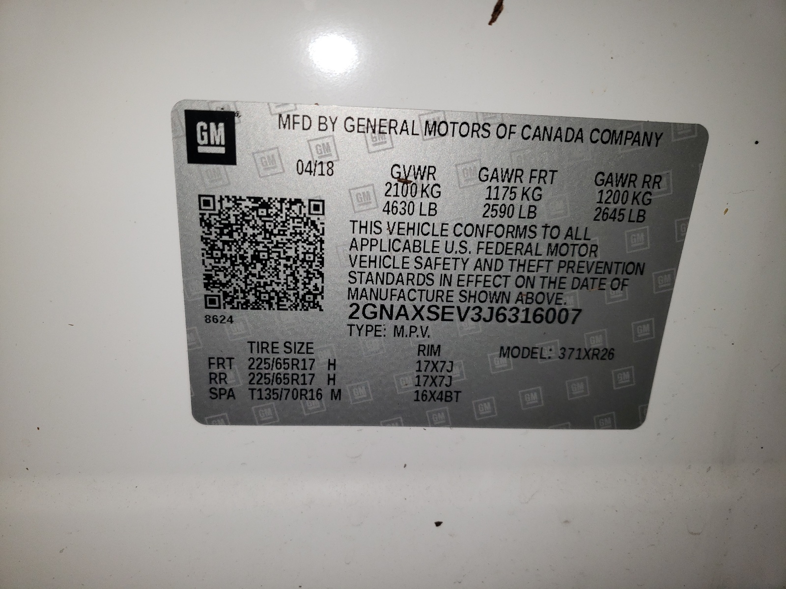 Photo 10 from auction – 2018 CHEVROLET EQUINOX LT with VIN 2GNAXSEV3J6316007
