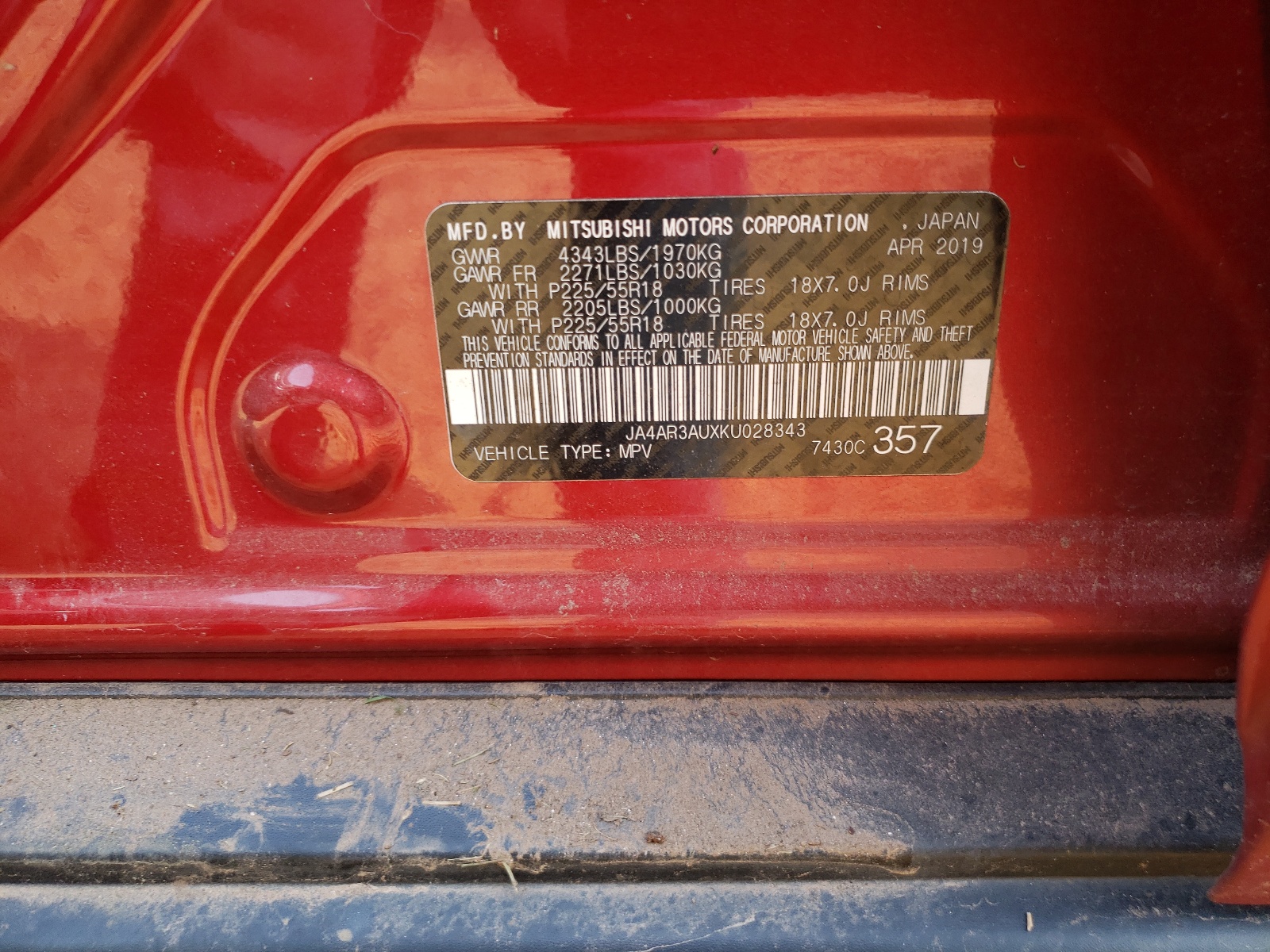 Photo 10 from auction – 2019 MITSUBISHI OUTLANDER with VIN JA4AR3AUXKU028343