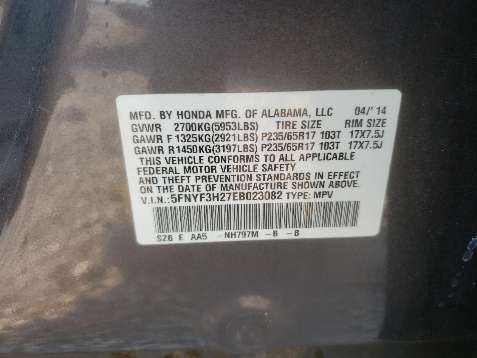 Photo 10 from auction – 2014 HONDA PILOT LX with VIN 5FNYF3H27EB023082