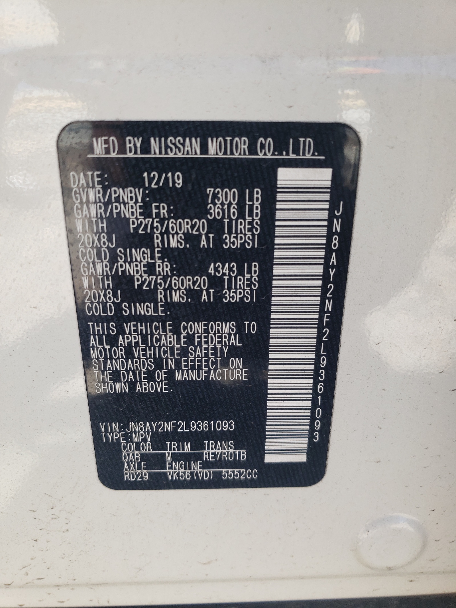 Photo 10 from auction – 2020 NISSAN ARMADA PLA with VIN JN8AY2NF2L9361093