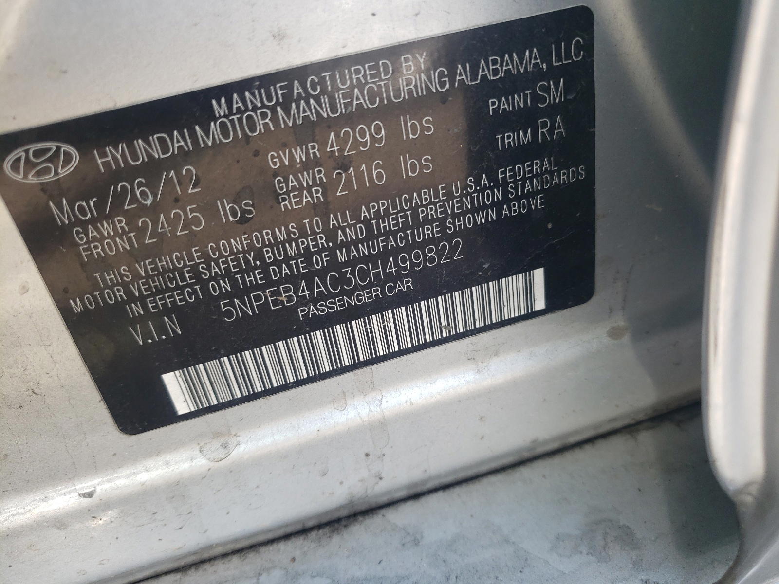 Photo 10 from auction – 2012 HYUNDAI SONATA GLS with VIN 5NPEB4AC3CH499822