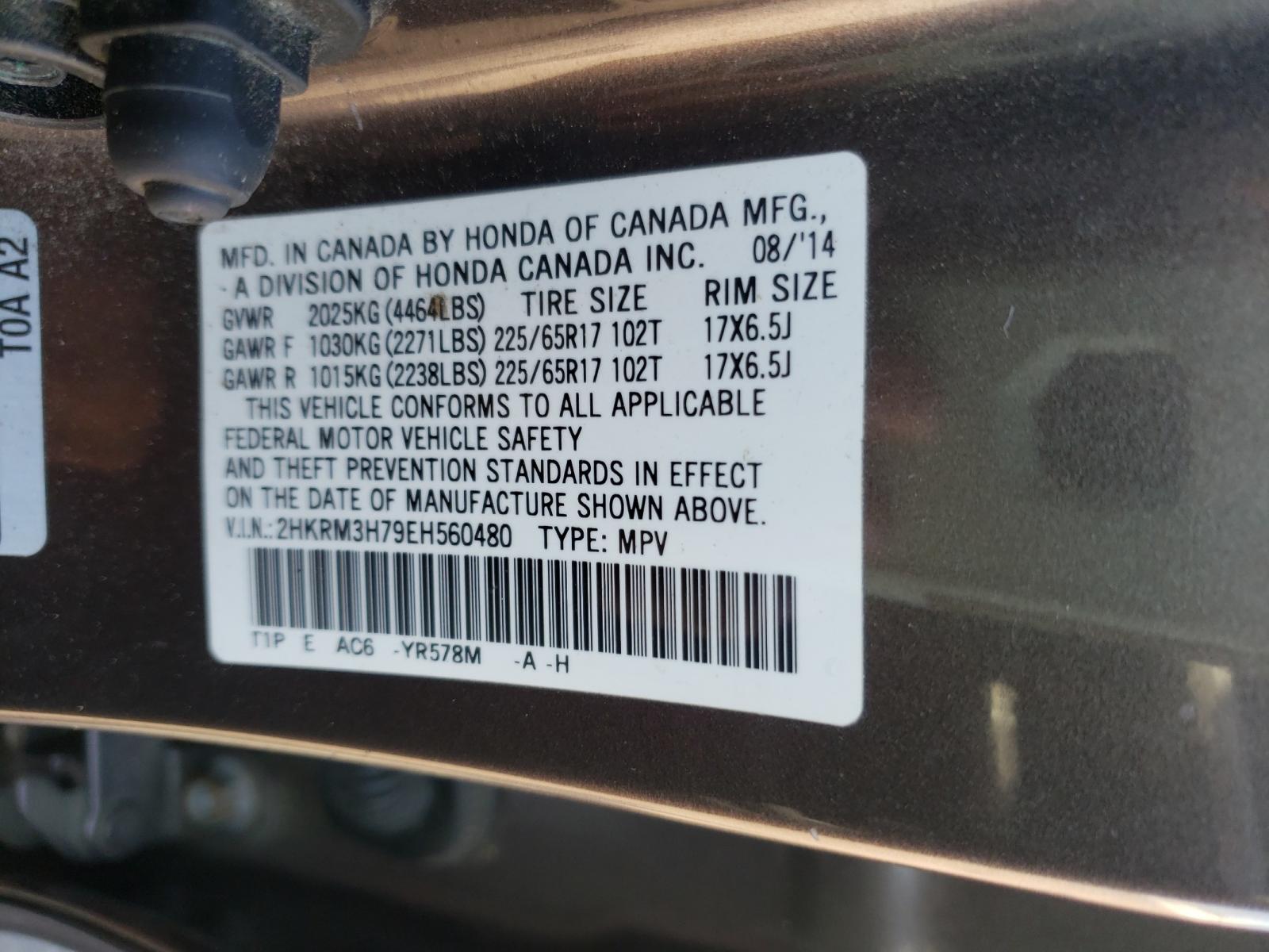 Photo 10 from auction – 2014 HONDA CR-V EXL with VIN 2HKRM3H79EH560480