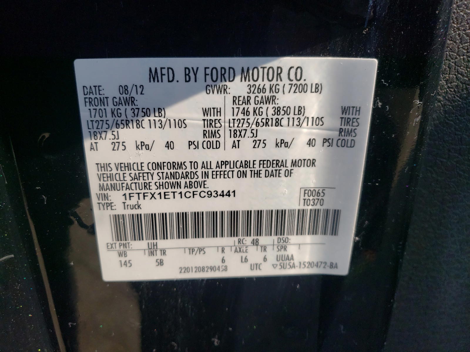 Photo 10 from auction – 2012 FORD F150 SUPER with VIN 1FTFX1ET1CFC93441