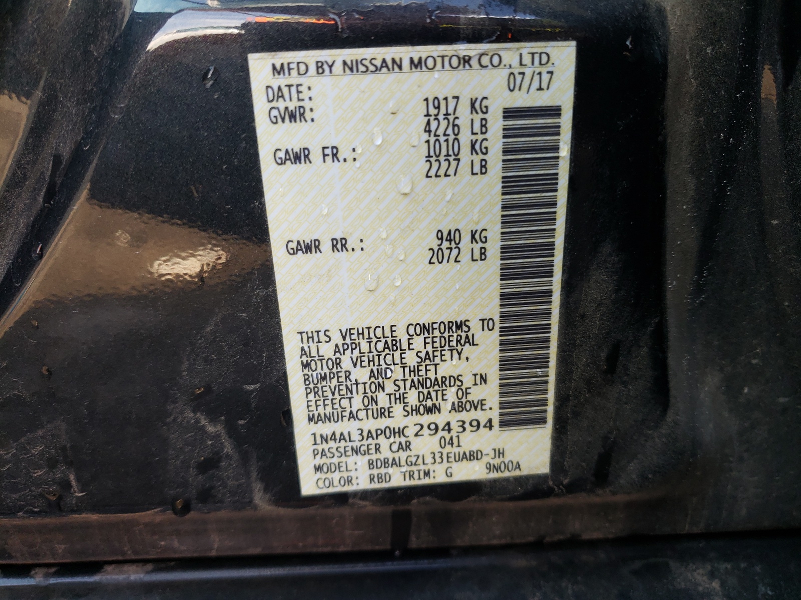 Photo 10 from auction – 2017 NISSAN ALTIMA 2.5 with VIN 1N4AL3AP0HC294394