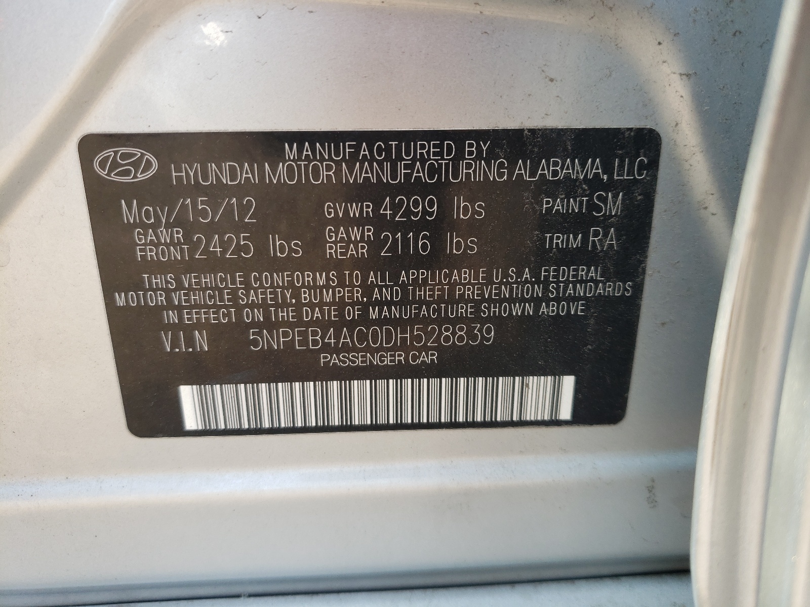Photo 10 from auction – 2013 HYUNDAI SONATA GLS with VIN 5NPEB4AC0DH528839