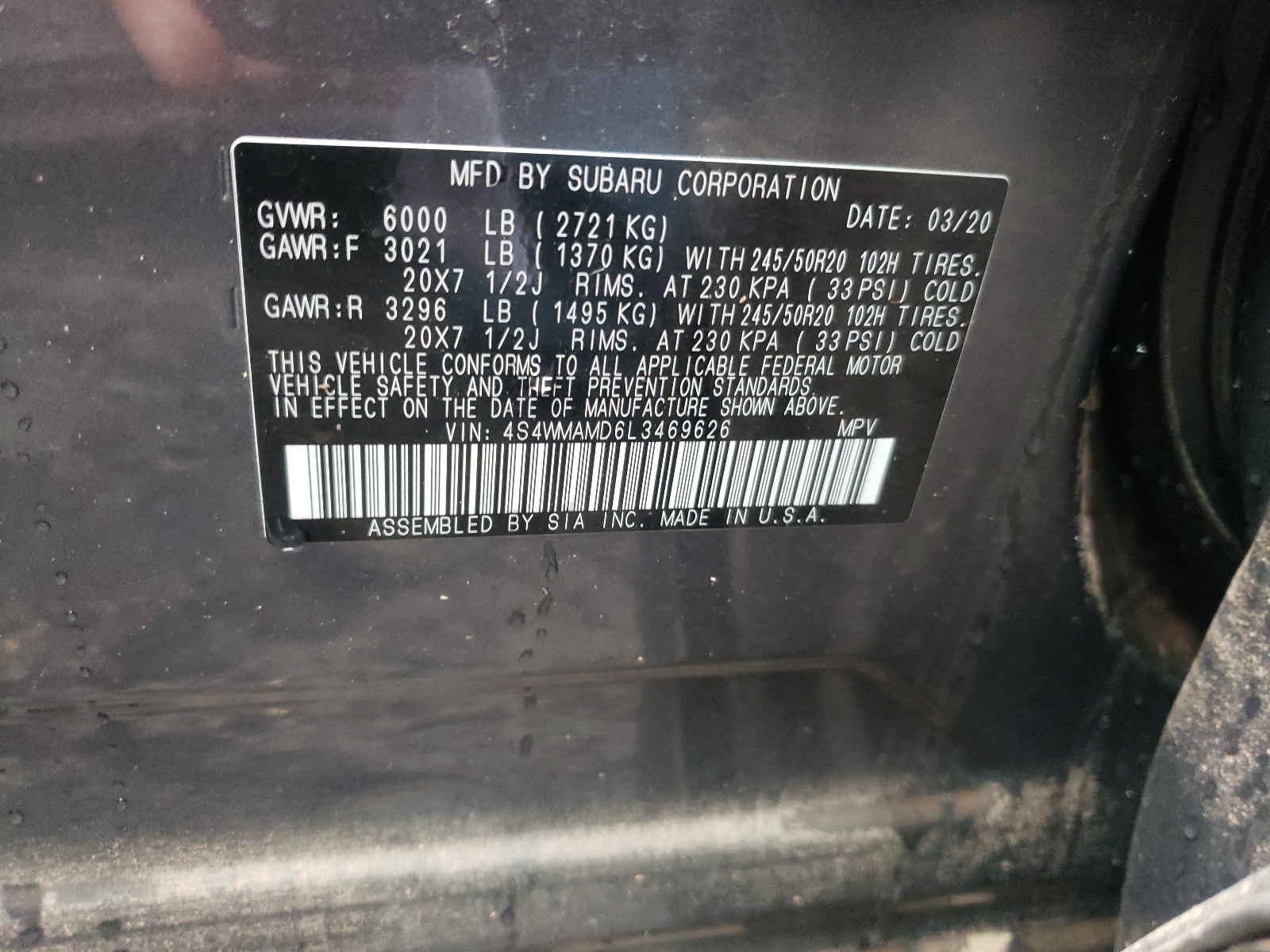 Photo 10 from auction – 2020 SUBARU ASCENT LIM with VIN 4S4WMAMD6L3469626