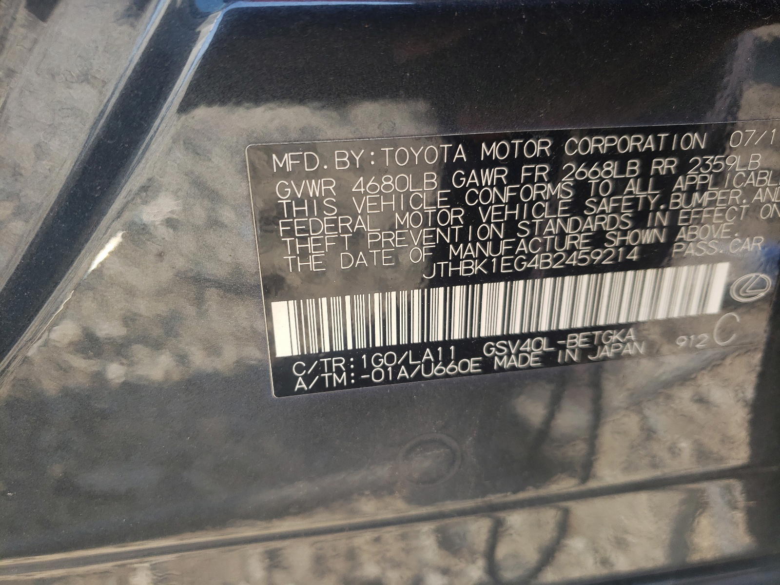 Photo 10 from auction – 2011 LEXUS ES 350 with VIN JTHBK1EG4B2459214