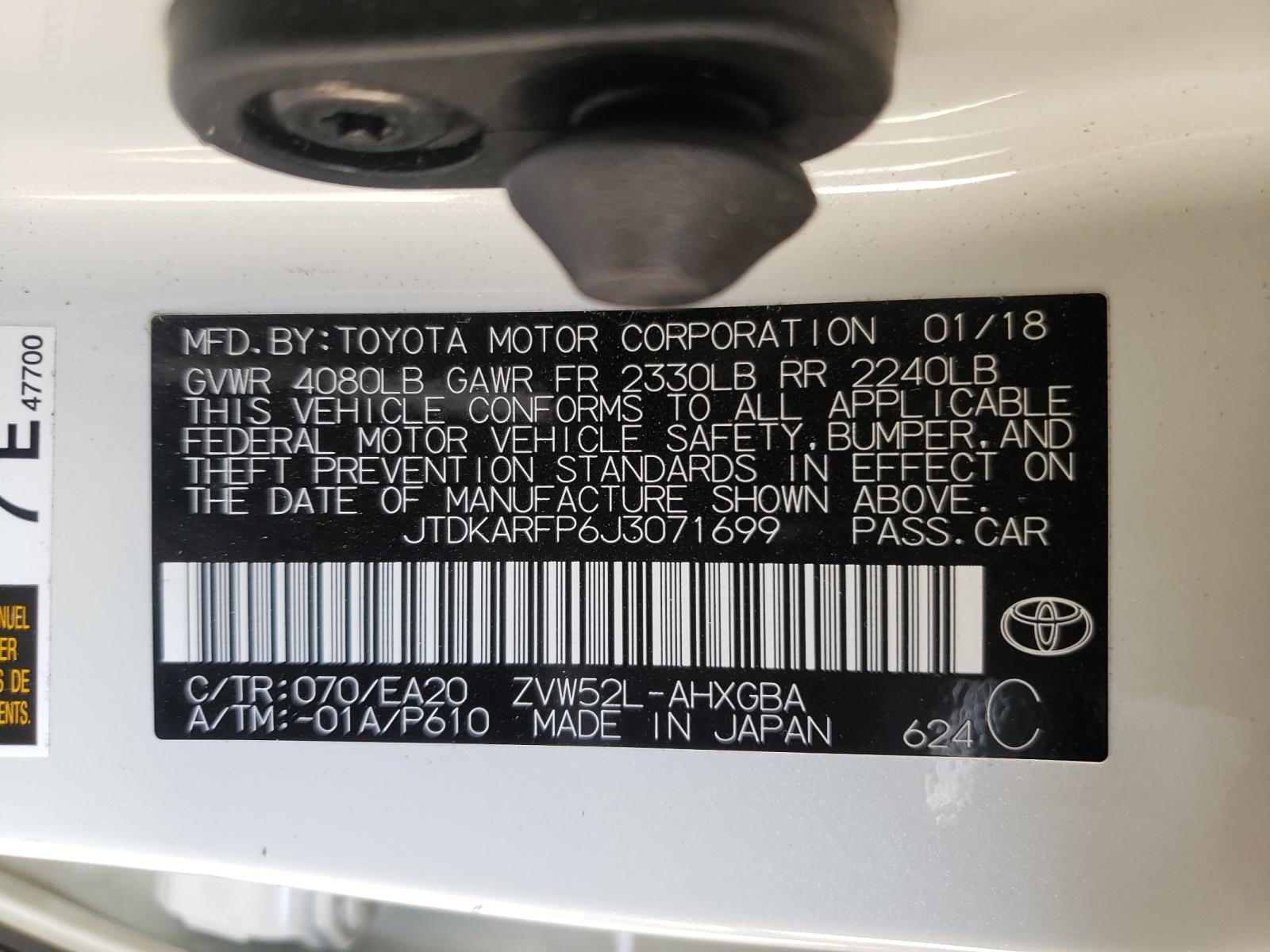 Photo 10 from auction – 2018 TOYOTA PRIUS PRIM with VIN JTDKARFP6J3071699