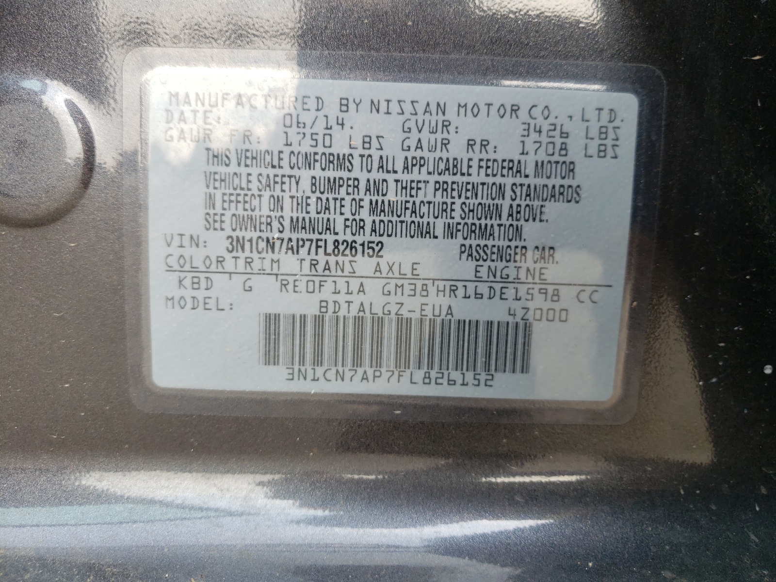 Photo 10 from auction – 2015 NISSAN VERSA S with VIN 3N1CN7AP7FL826152