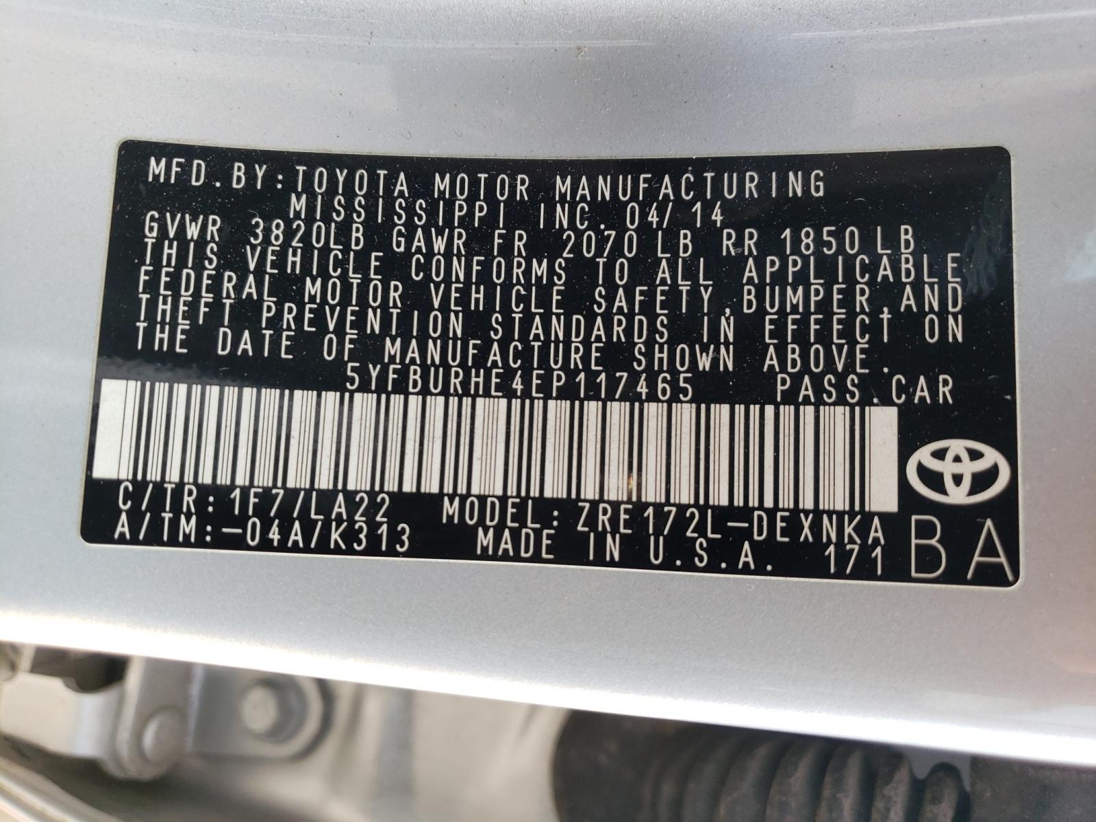 Photo 10 from auction – 2014 TOYOTA COROLLA L with VIN 5YFBURHE4EP117465