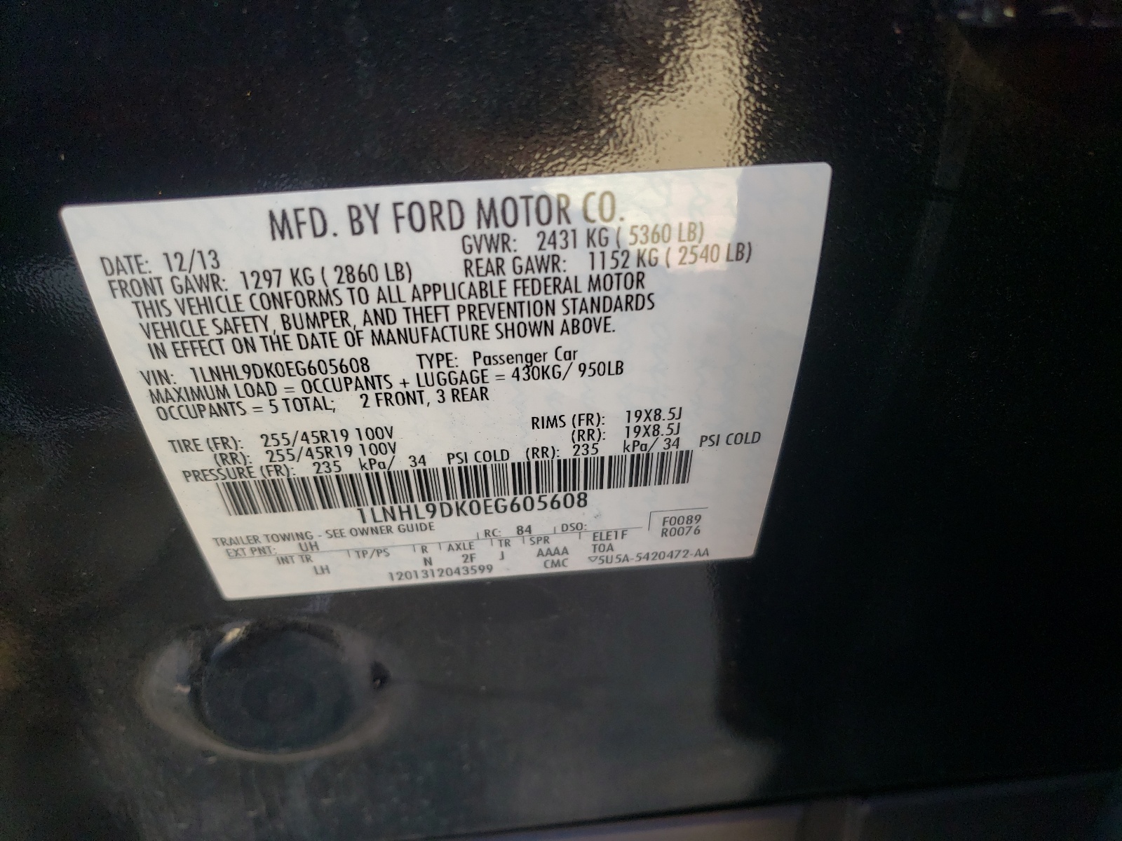 Photo 10 from auction – 2014 LINCOLN MKS with VIN 1LNHL9DK0EG605608