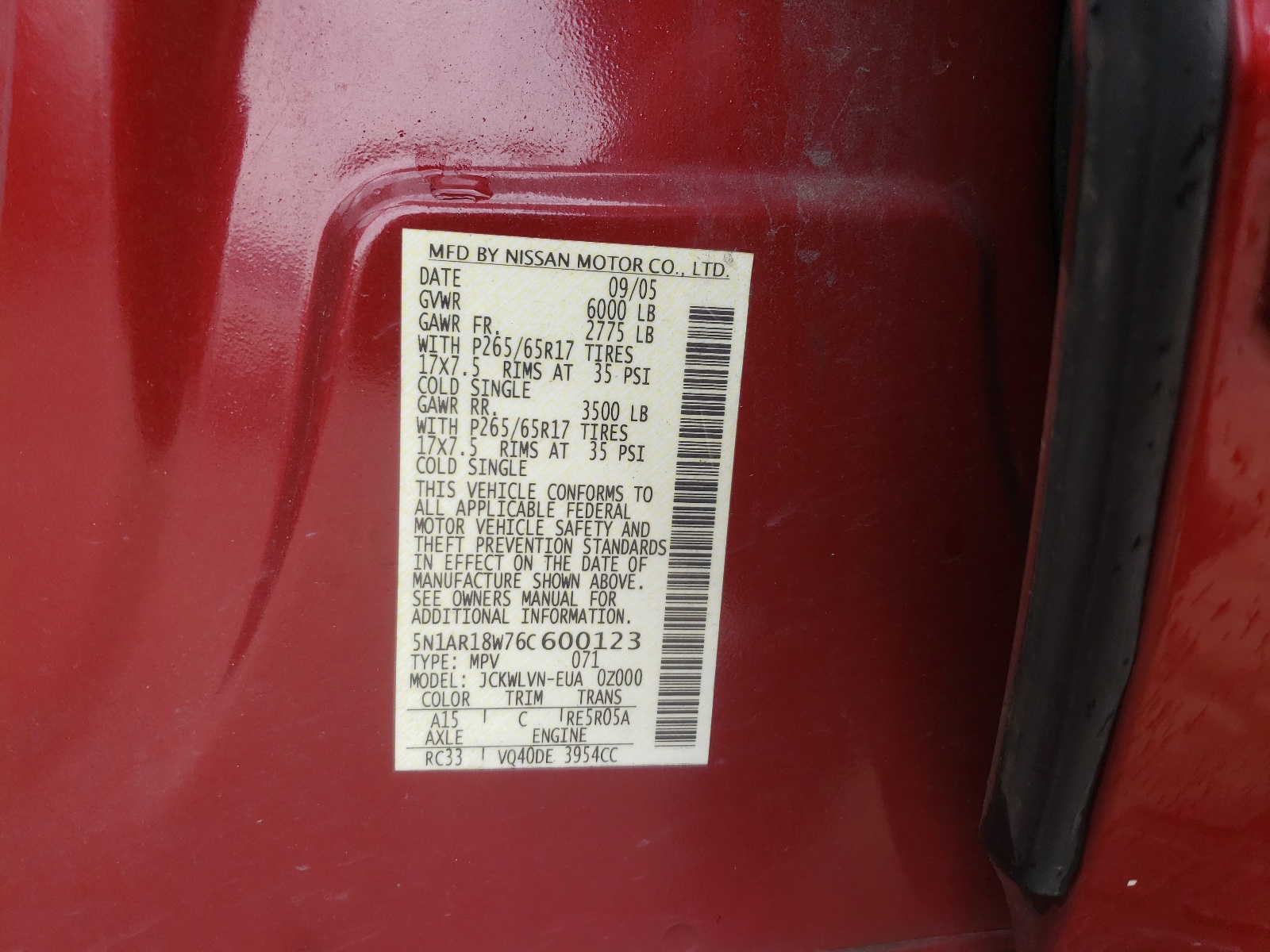 Photo 10 from auction – 2006 NISSAN PATHFINDER with VIN 5N1AR18W76C600123