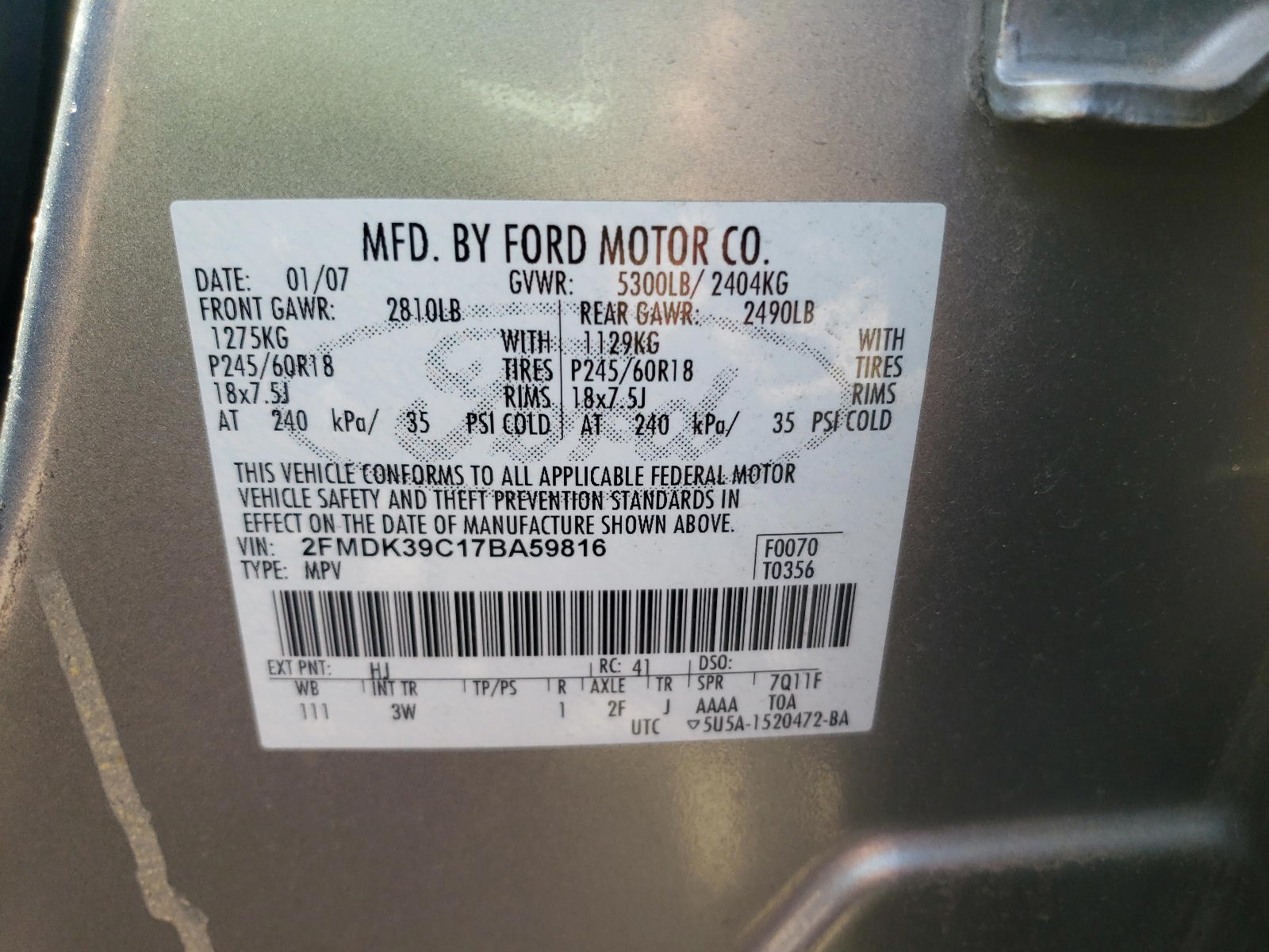 Photo 10 from auction – 2007 FORD EDGE SEL P with VIN 2FMDK39C17BA59816