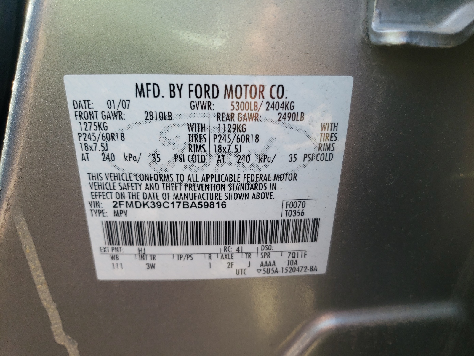 صورة رقم 10 من المزاد - 2007 FORD EDGE SEL P مع VIN 2FMDK39C17BA59816