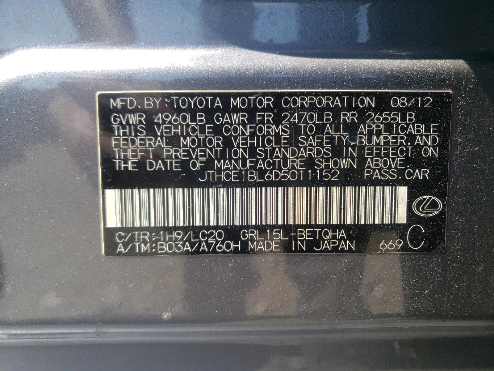 Photo 10 from auction – 2013 LEXUS GS 350 with VIN JTHCE1BL6D5011152