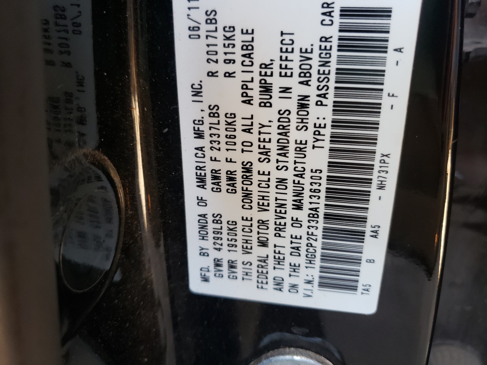 Photo 10 from auction – 2011 HONDA ACCORD LX with VIN 1HGCP2F33BA136305