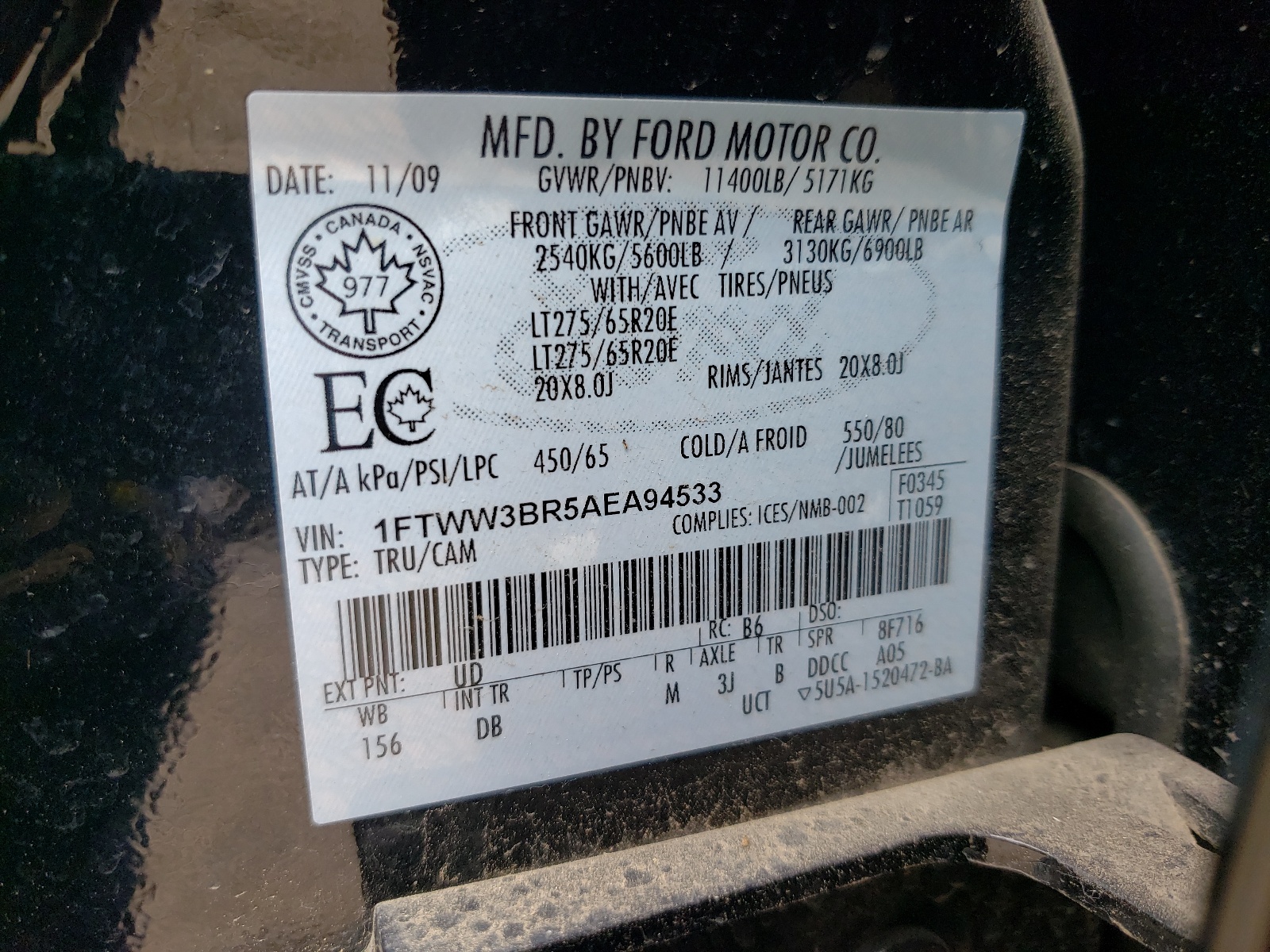 Photo 10 from auction – 2010 FORD F350 SUPER with VIN 1FTWW3BR5AEA94533