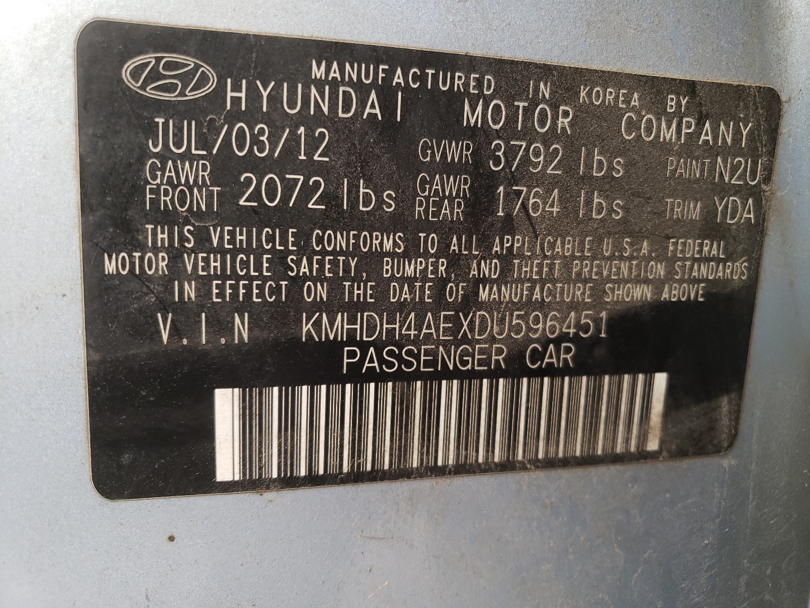 Photo 10 from auction – 2013 HYUNDAI ELANTRA GL with VIN KMHDH4AEXDU596451