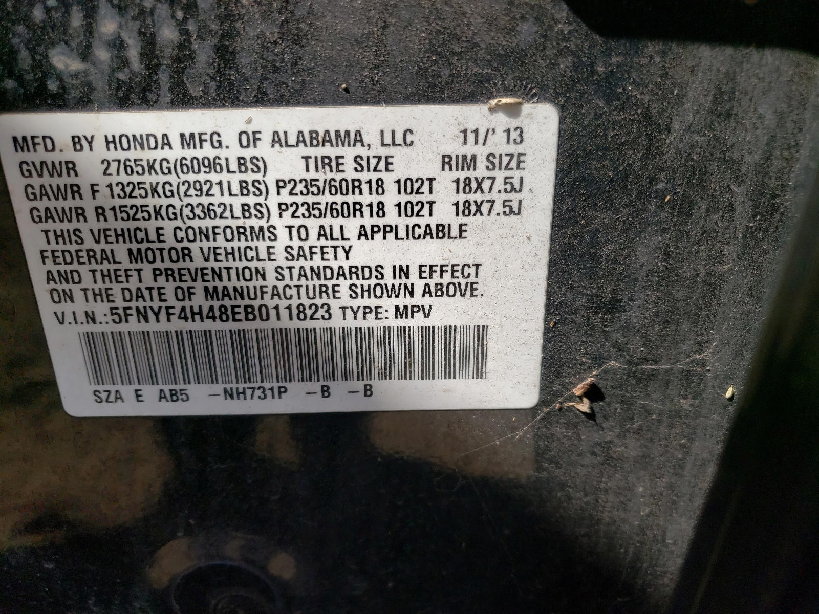 Photo 10 from auction – 2014 HONDA PILOT EX with VIN 5FNYF4H48EB011823
