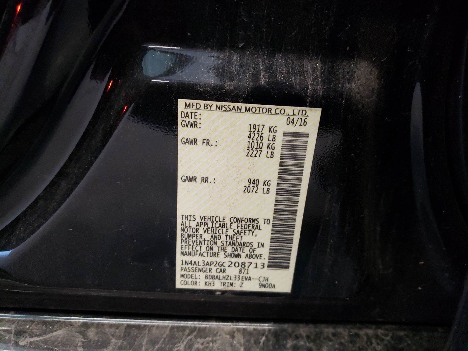 Photo 10 from auction – 2016 NISSAN ALTIMA 2.5 with VIN 1N4AL3AP2GC208713