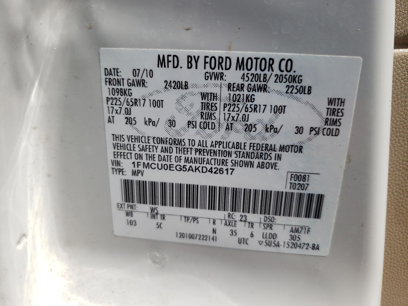 Photo 10 from auction – 2010 FORD ESCAPE LIM with VIN 1FMCU0EG5AKD42617