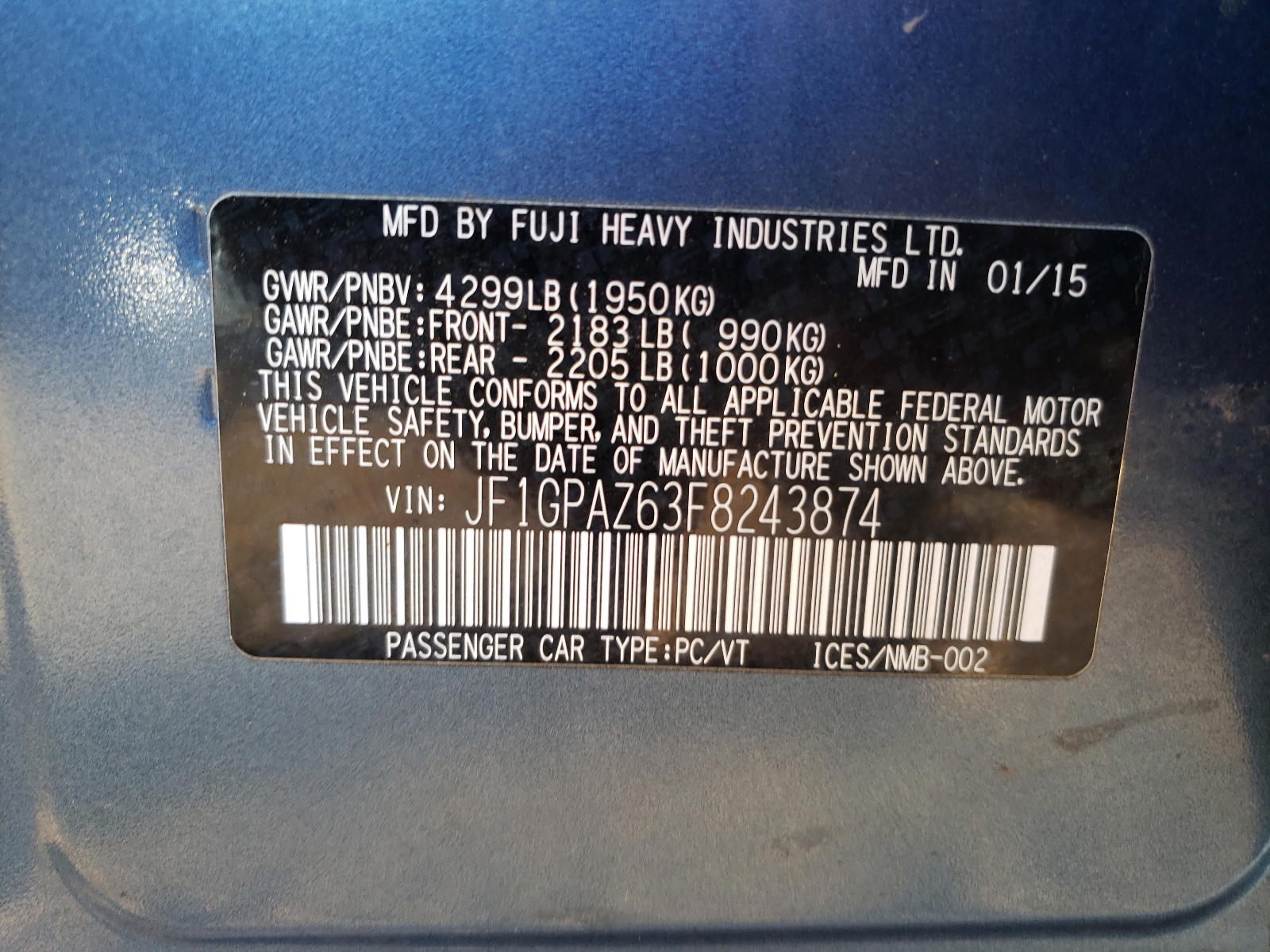 Photo 10 from auction – 2015 SUBARU IMPREZA SP with VIN JF1GPAZ63F8243874