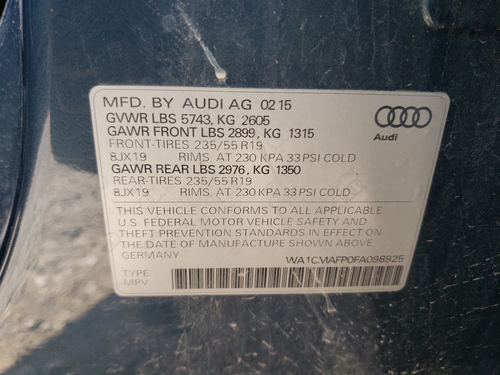 Photo 10 from auction – 2015 AUDI Q5 TDI PRE with VIN WA1CMAFP0FA098925