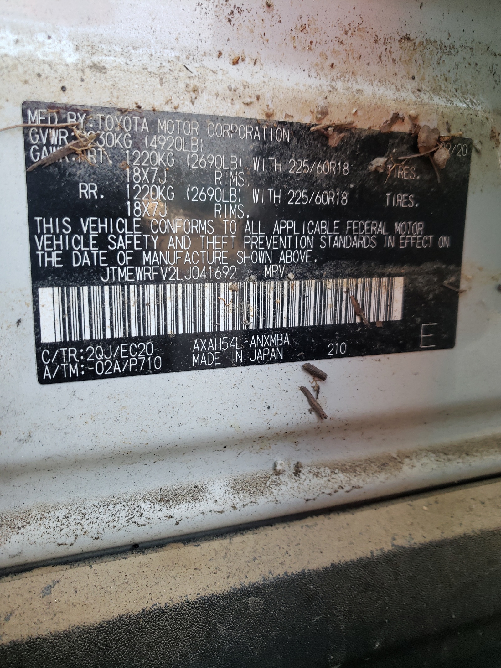 Photo 10 from auction – 2020 TOYOTA RAV4 XSE with VIN JTMEWRFV2LJ041692