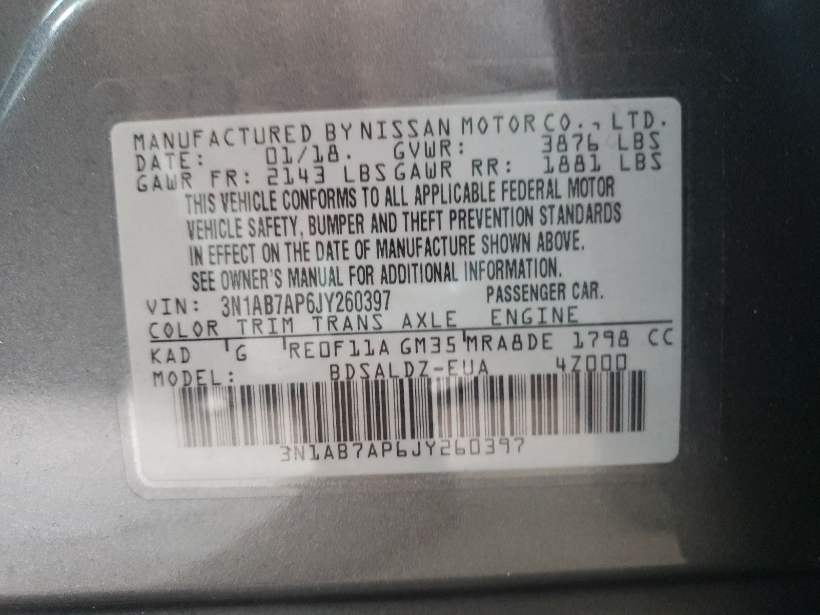Photo 10 from auction – 2018 NISSAN SENTRA S with VIN 3N1AB7AP6JY260397