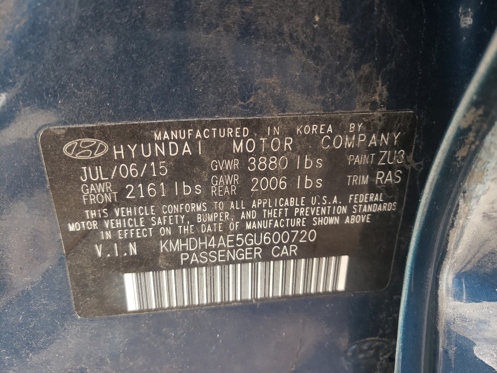 Photo 10 from auction – 2016 HYUNDAI ELANTRA SE with VIN KMHDH4AE5GU600720