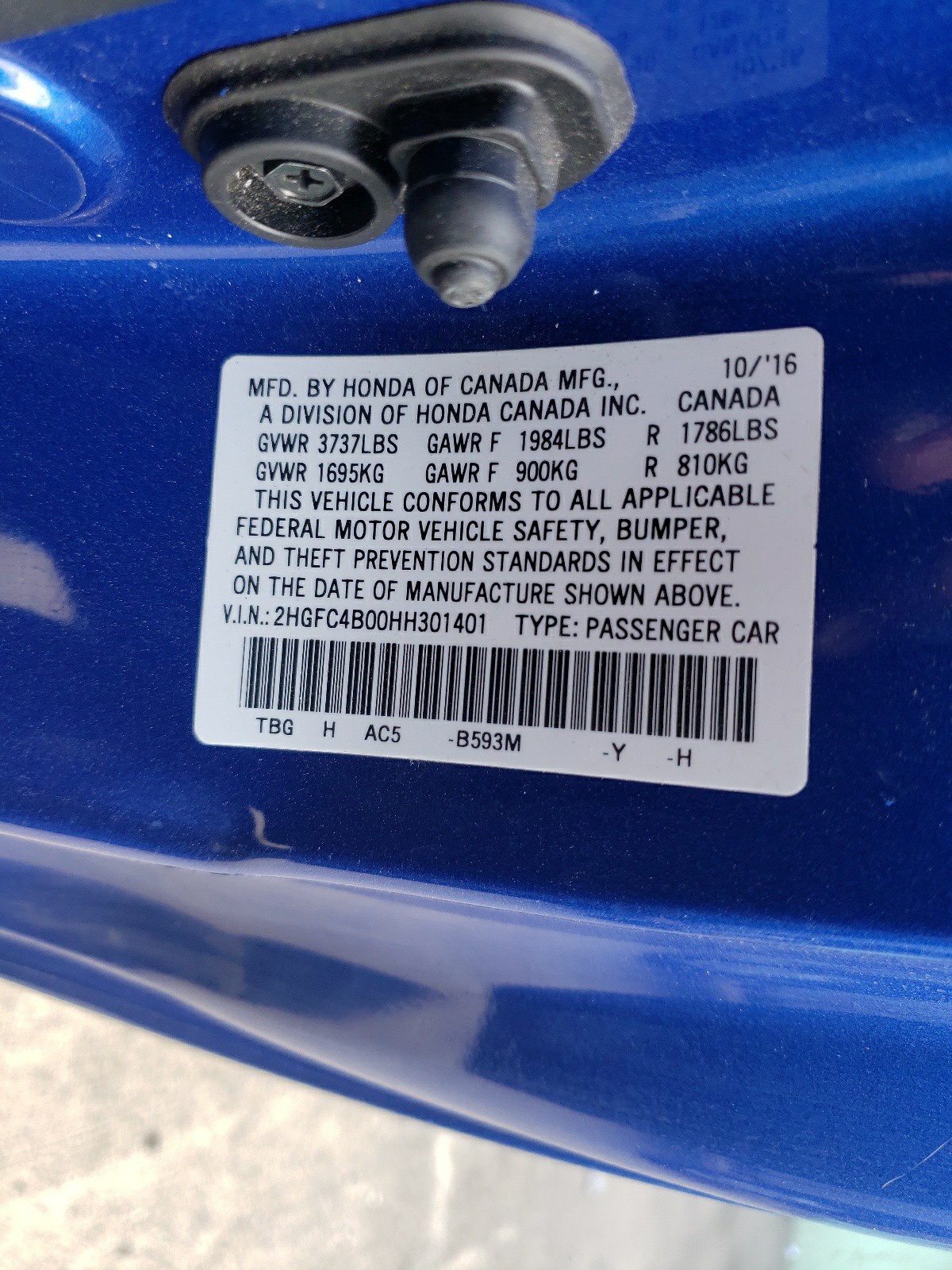 Photo 10 from auction – 2017 HONDA CIVIC LX with VIN 2HGFC4B00HH301401