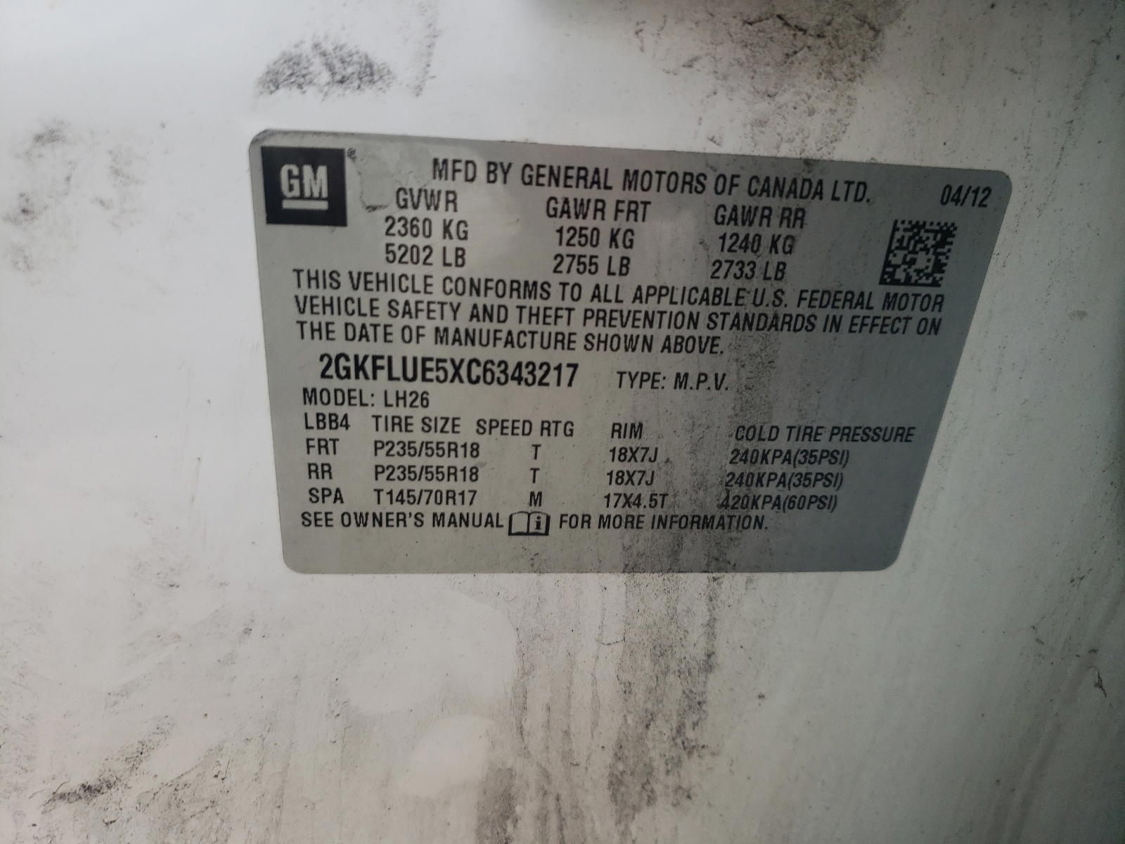 Photo 11 from auction – 2012 GMC TERRAIN SL with VIN 2GKFLUE5XC6343217