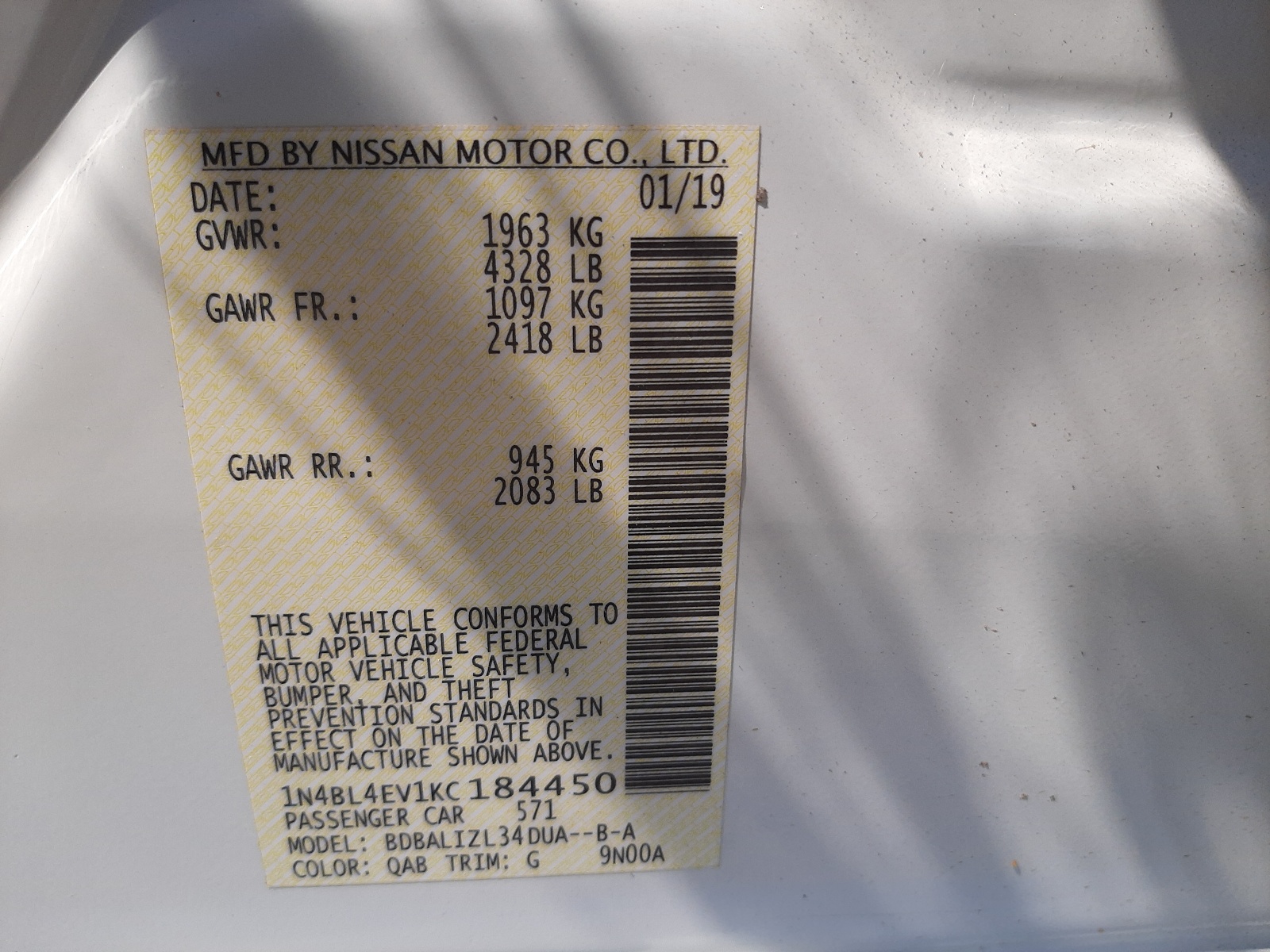 Photo 10 from auction – 2019 NISSAN ALTIMA SL with VIN 1N4BL4EV1KC184450