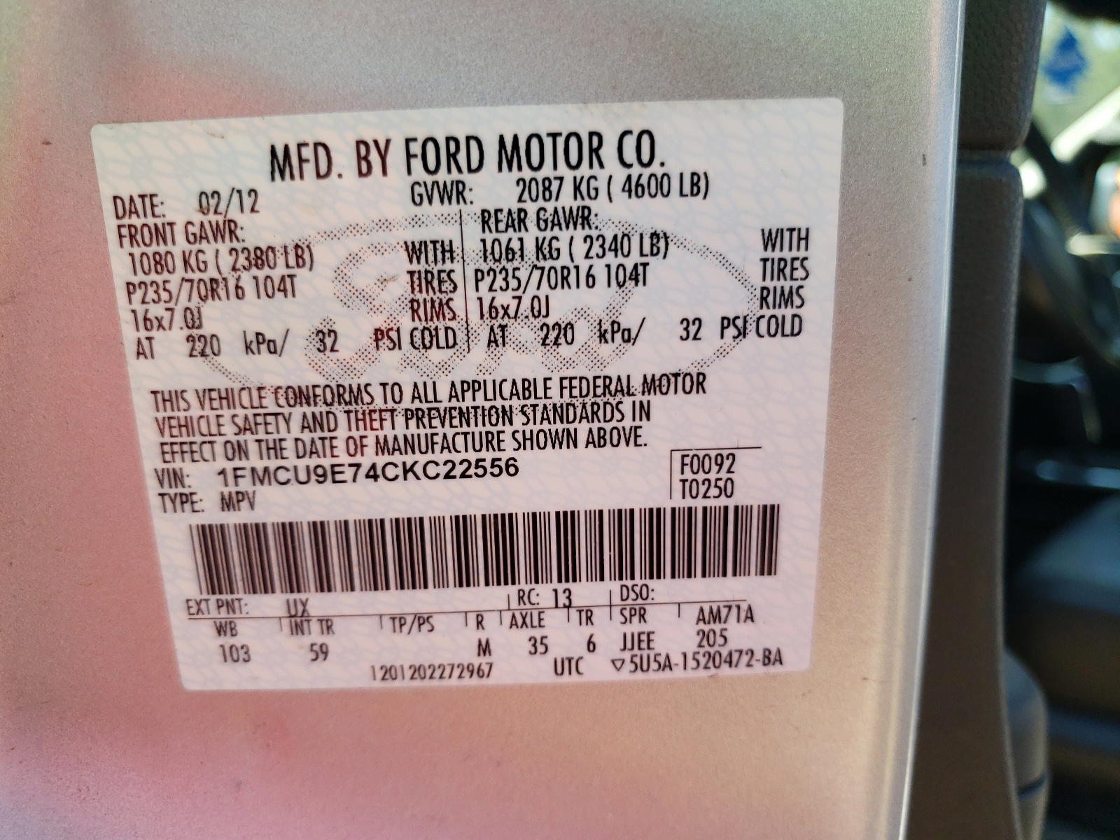 Photo 10 from auction – 2012 FORD ESCAPE LIM with VIN 1FMCU9E74CKC22556