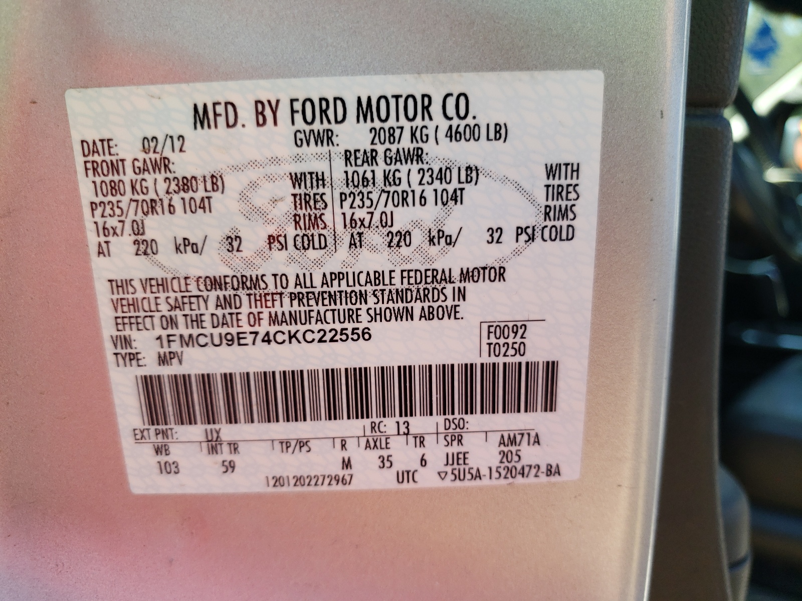 Zdjęcie 10 z aukcji – 2012 FORD ESCAPE LIM z VIN 1FMCU9E74CKC22556