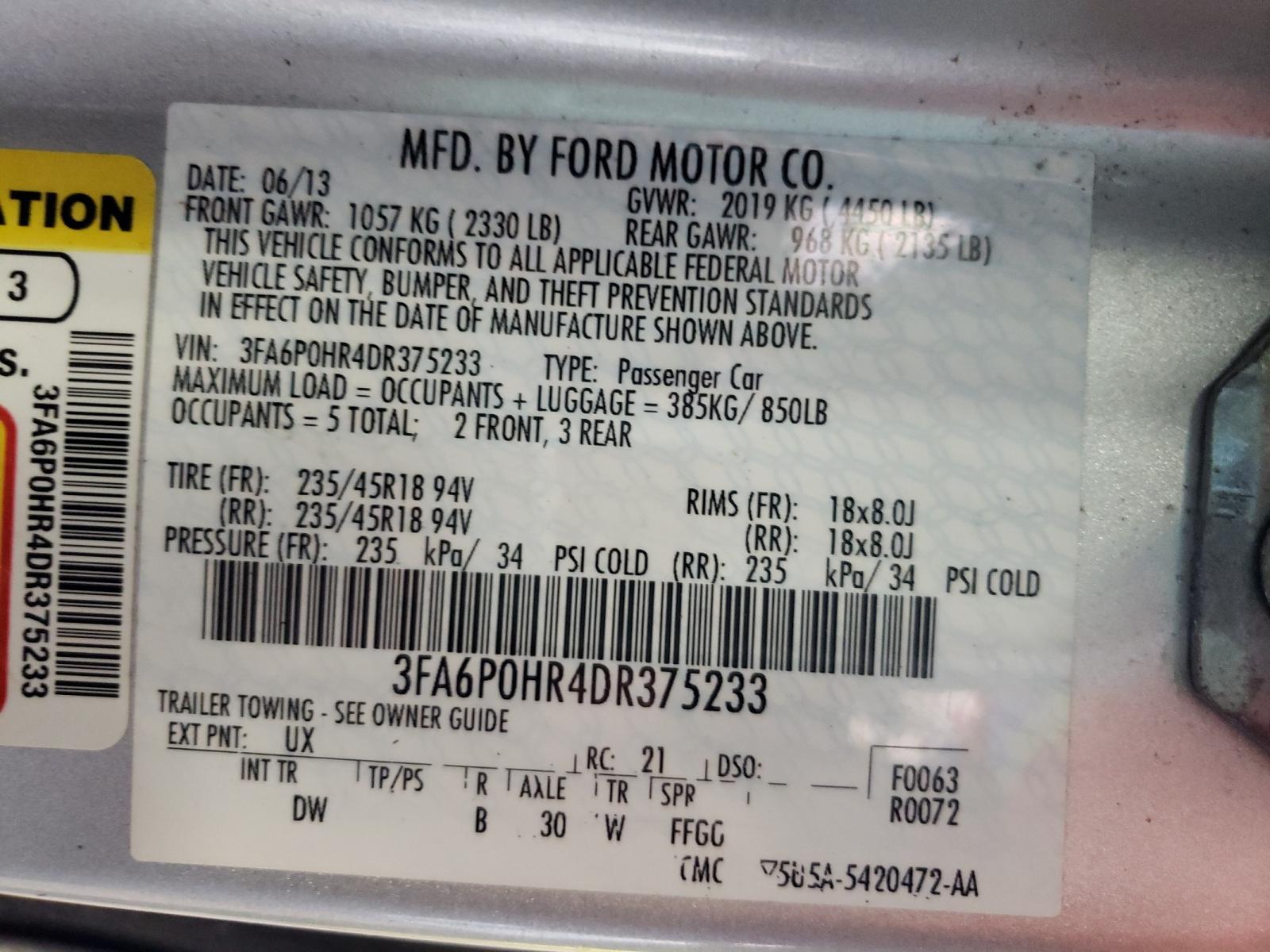 Photo 10 from auction – 2013 FORD FUSION SE with VIN 3FA6P0HR4DR375233