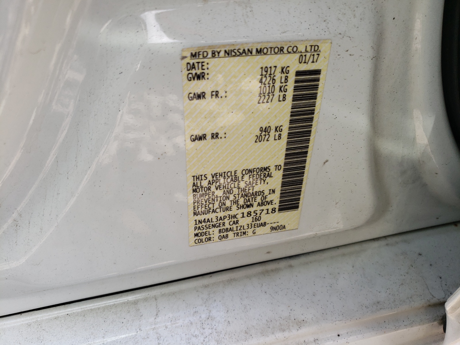 Photo 10 from auction – 2017 NISSAN ALTIMA 2.5 with VIN 1N4AL3AP3HC185718