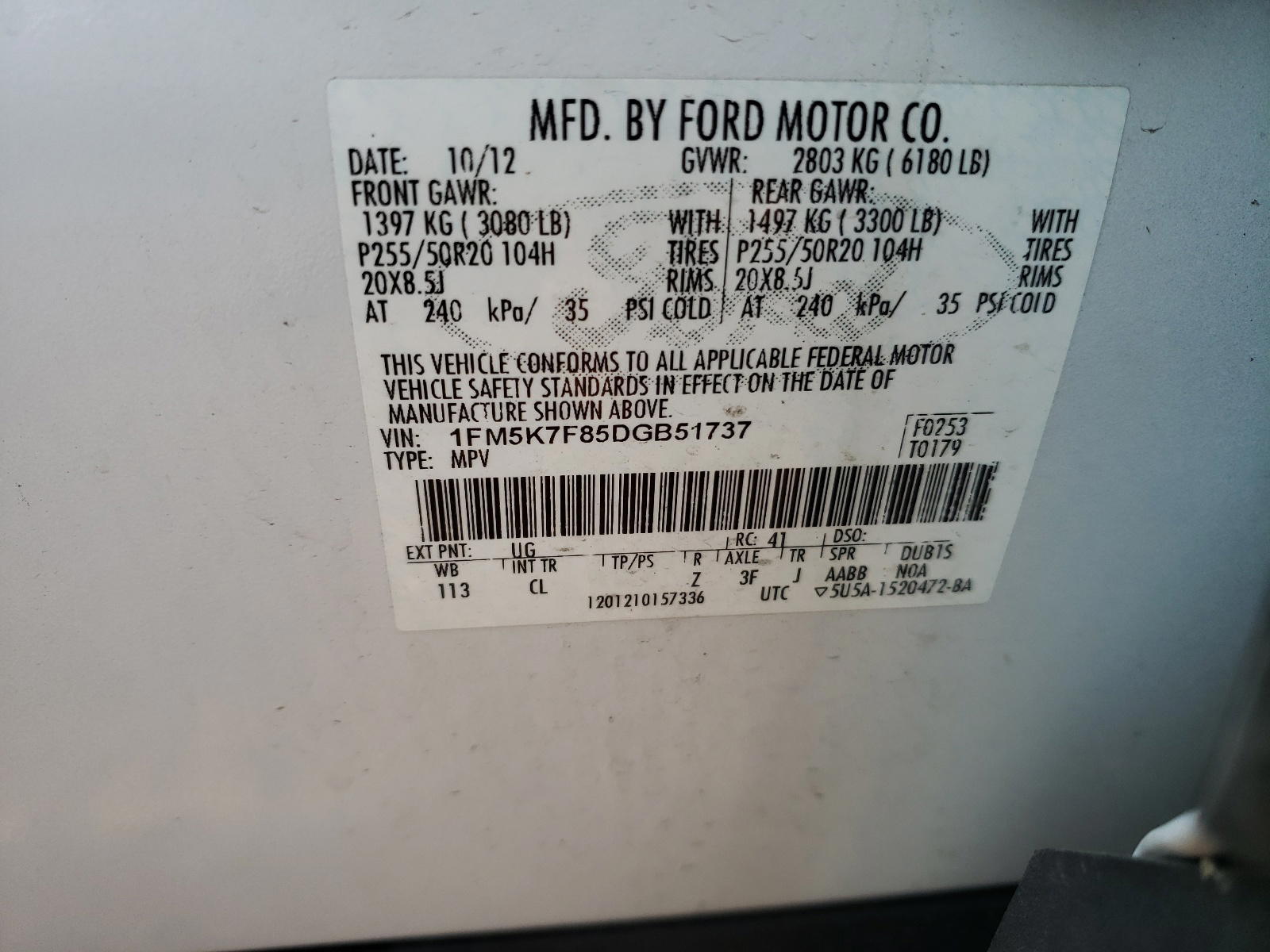 Photo 10 from auction – 2013 FORD EXPLORER L with VIN 1FM5K7F85DGB51737