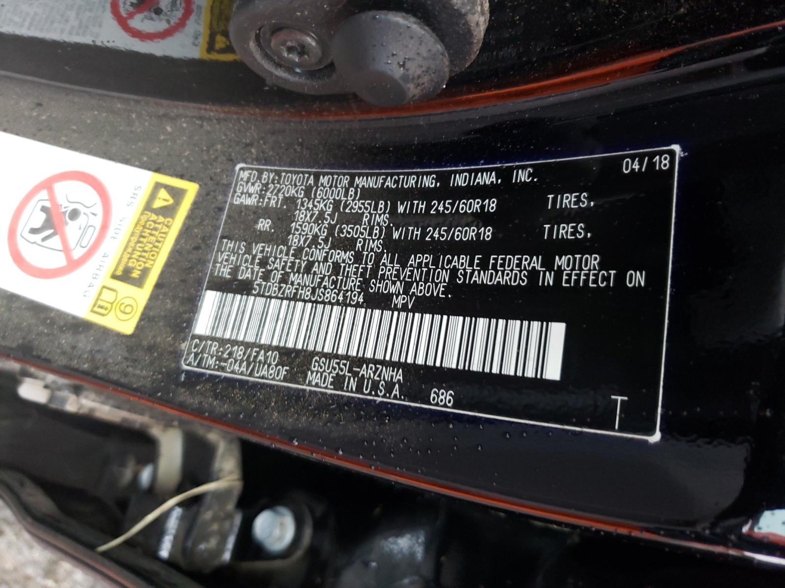 Photo 10 from auction – 2018 TOYOTA HIGHLANDER with VIN 5TDBZRFH8JS864194