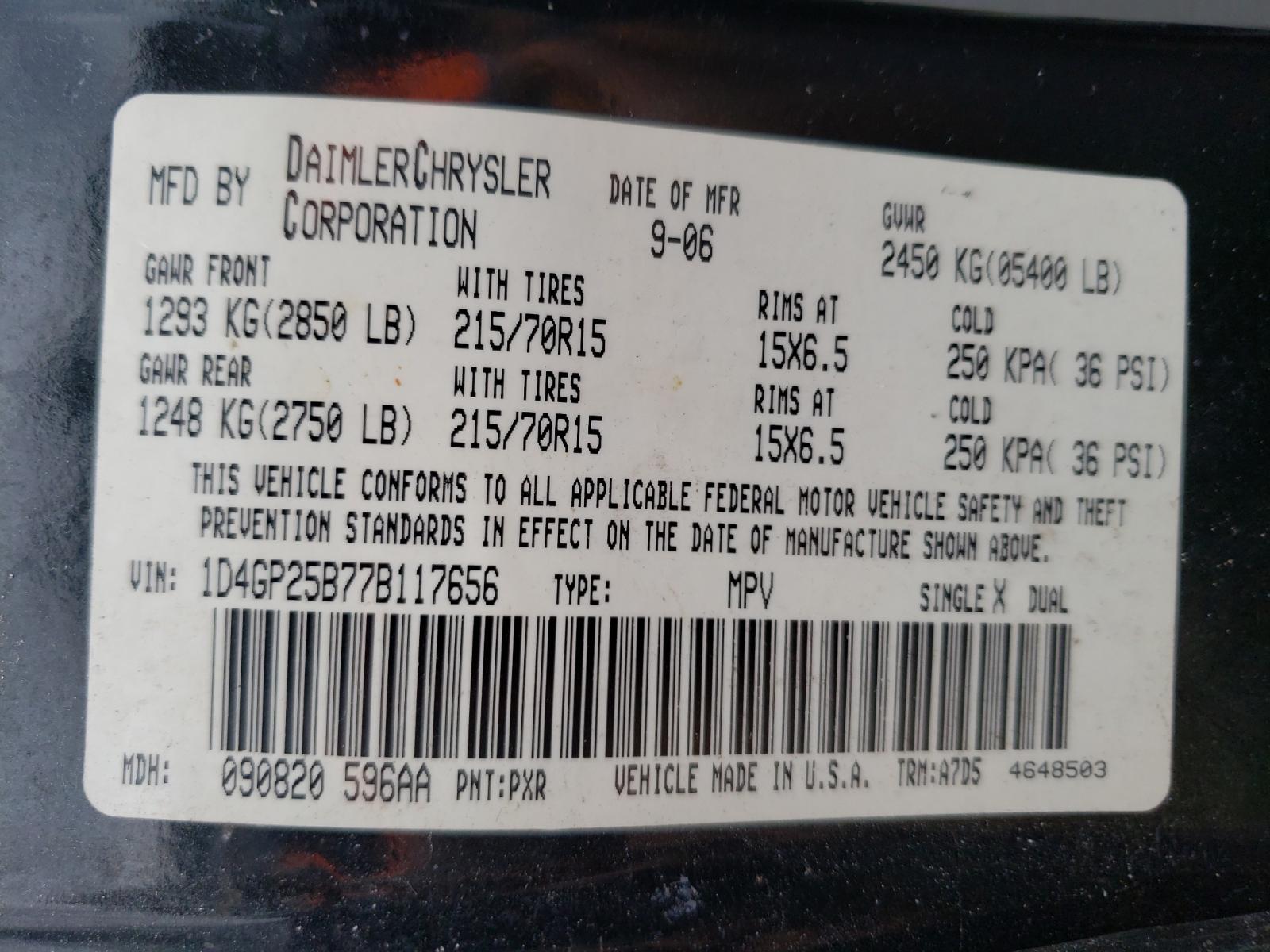 Photo 10 from auction – 2007 DODGE CARAVAN SE with VIN 1D4GP25B77B117656