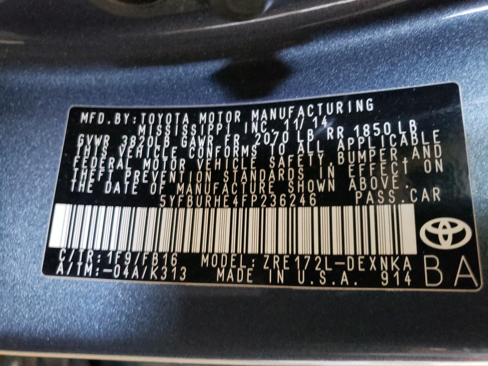 Photo 10 from auction – 2015 TOYOTA COROLLA L with VIN 5YFBURHE4FP236246