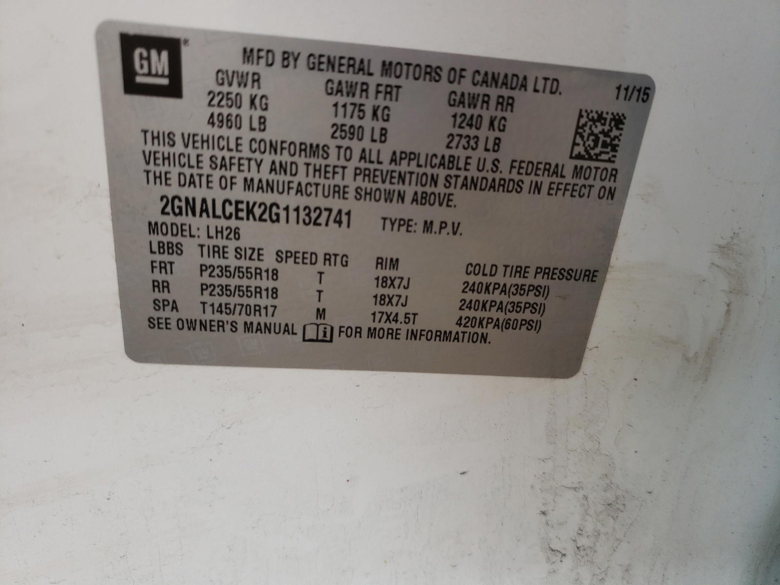 Photo 10 from auction – 2016 CHEVROLET EQUINOX LT with VIN 2GNALCEK2G1132741