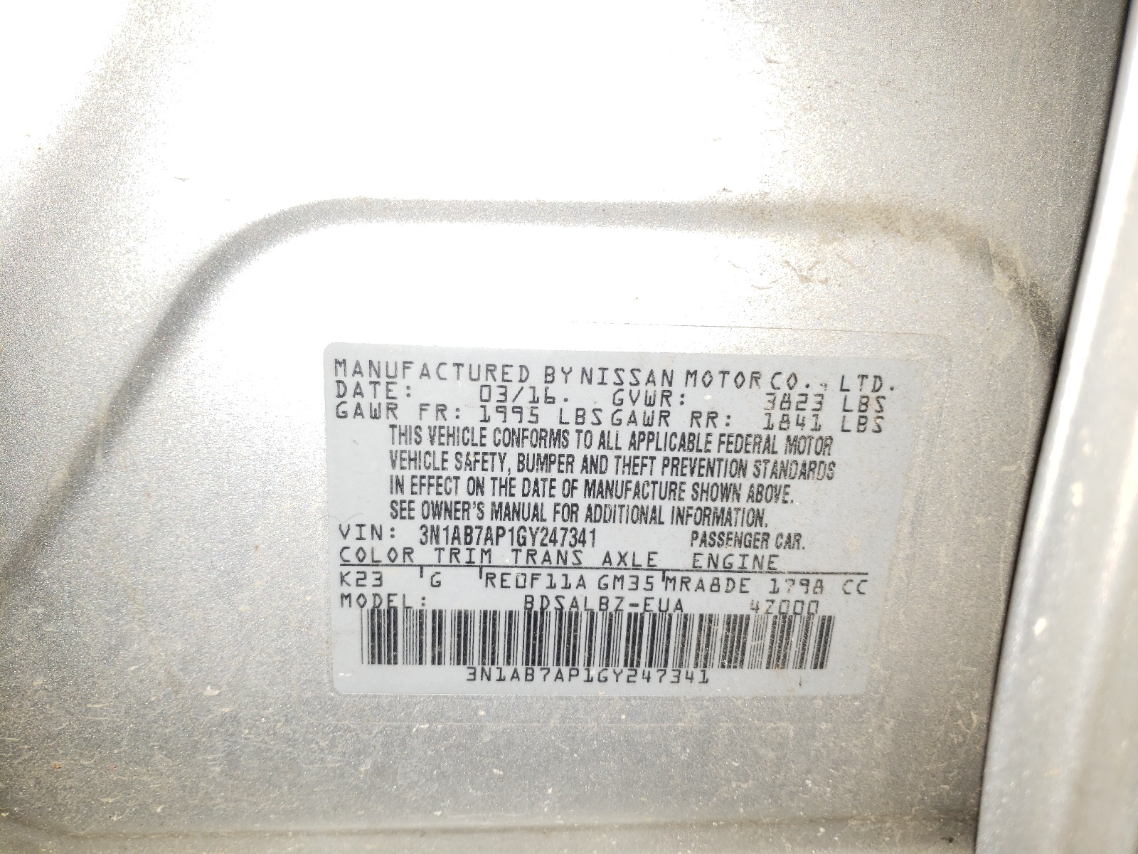 Photo 10 from auction – 2016 NISSAN SENTRA S with VIN 3N1AB7AP1GY247341