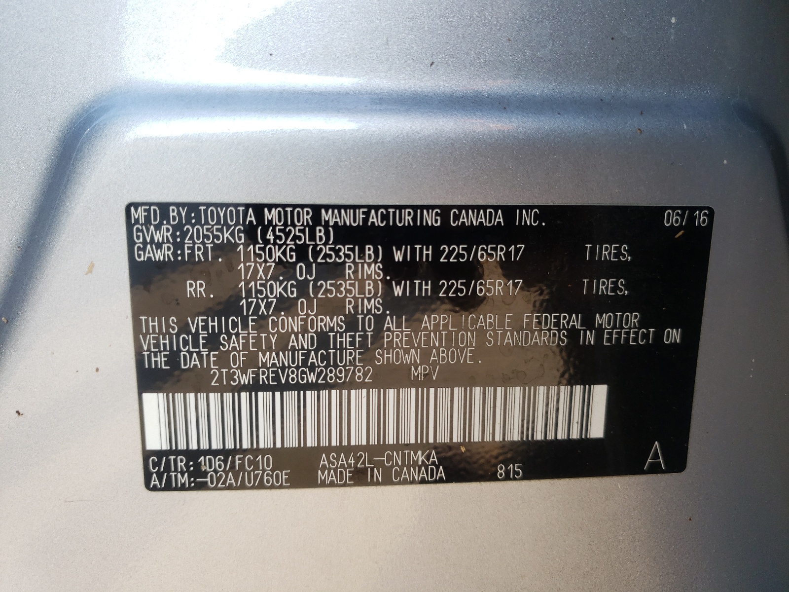Photo 10 from auction – 2016 TOYOTA RAV4 XLE with VIN 2T3WFREV8GW289782