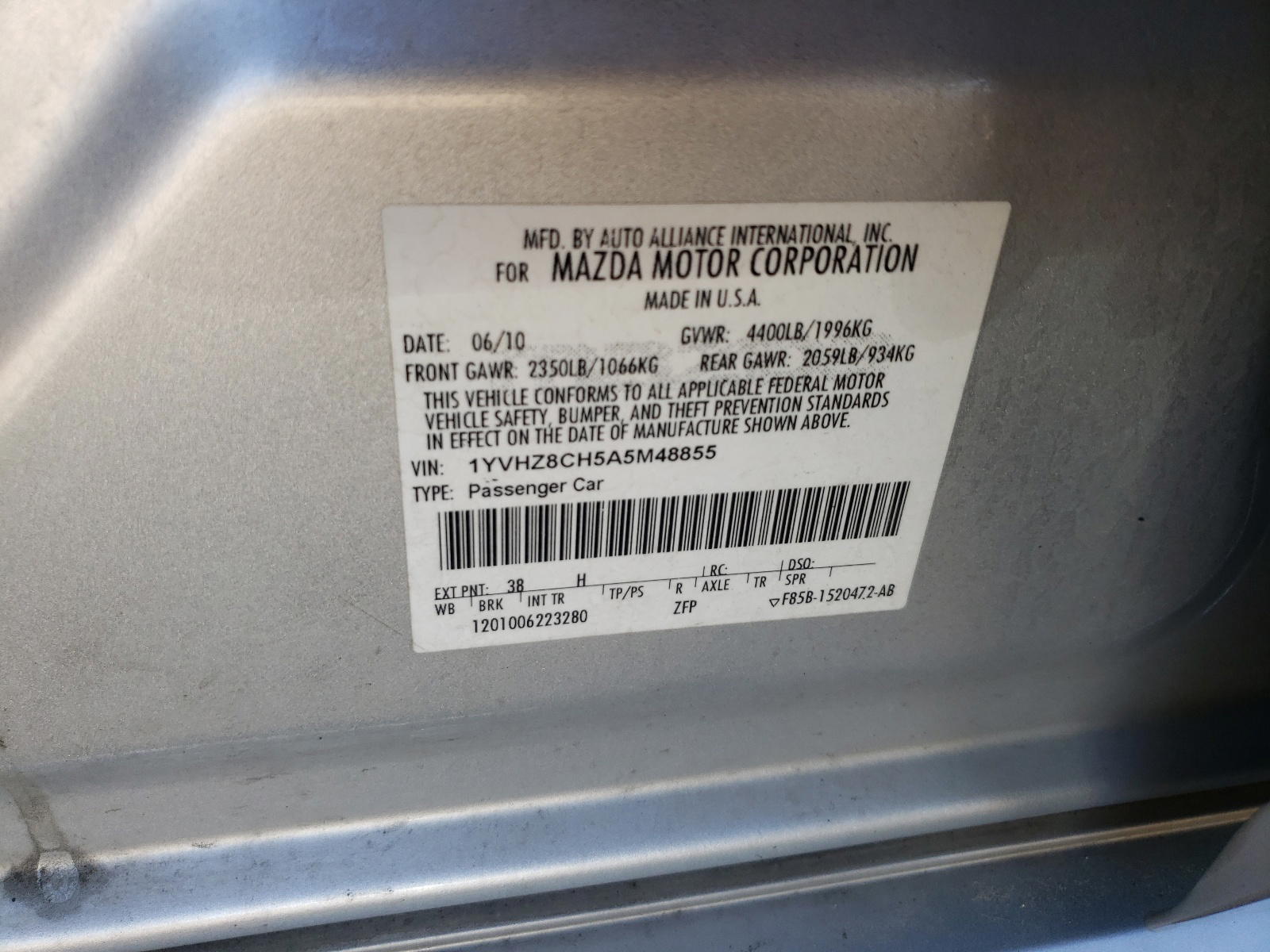 Photo 10 from auction – 2010 MAZDA 6 I with VIN 1YVHZ8CH5A5M48855
